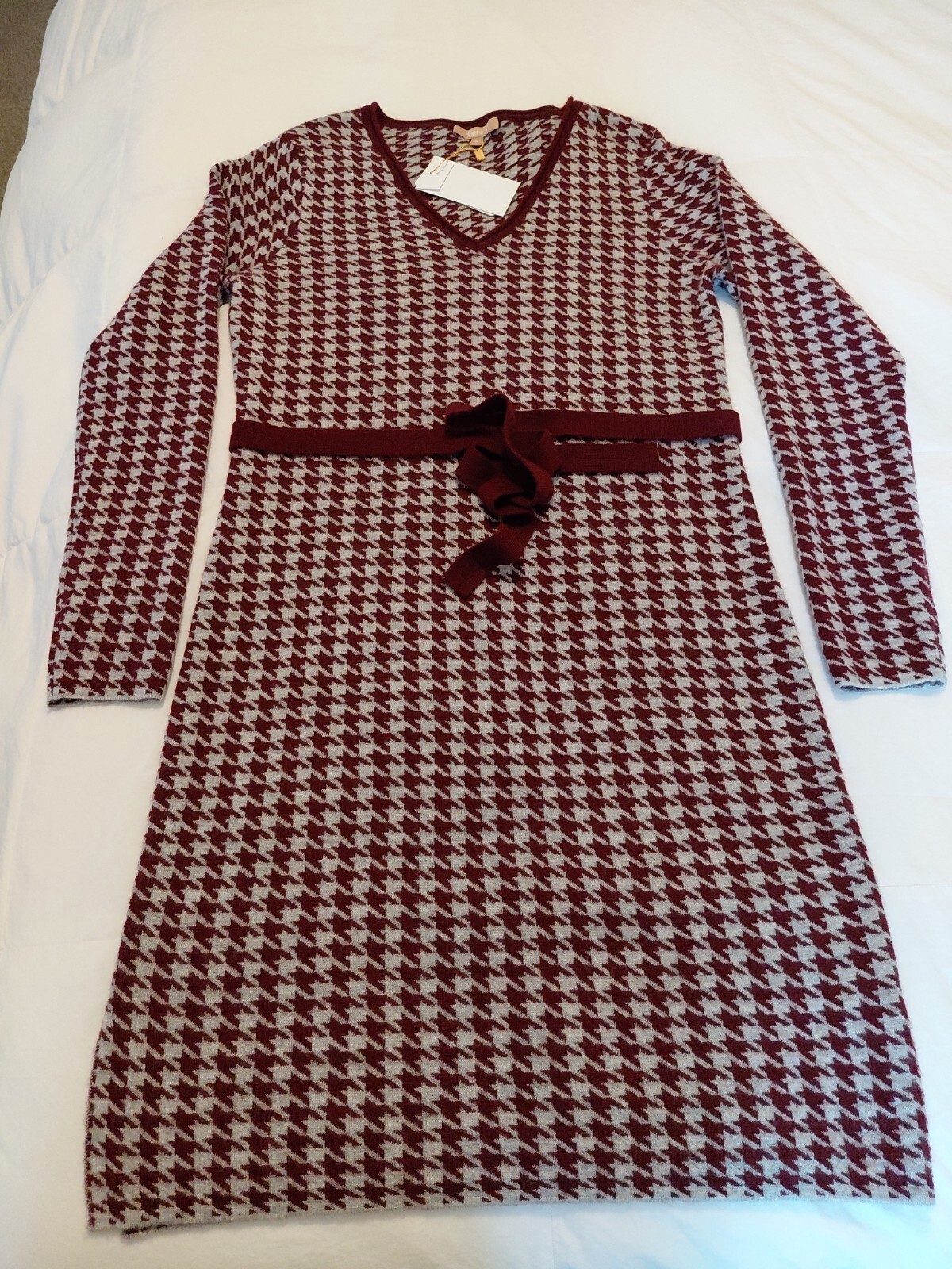 NWT Kier + J 100% Cashmere Gray Cranberry Houndstooth Dress Tie Waist M #359