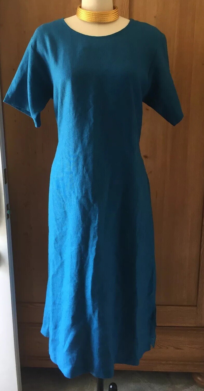 JES ‘Irie’ Wear Bold Turquoise Linen Short Sleeve Dress~ Waist Tie~ MEDIUM NWOT
