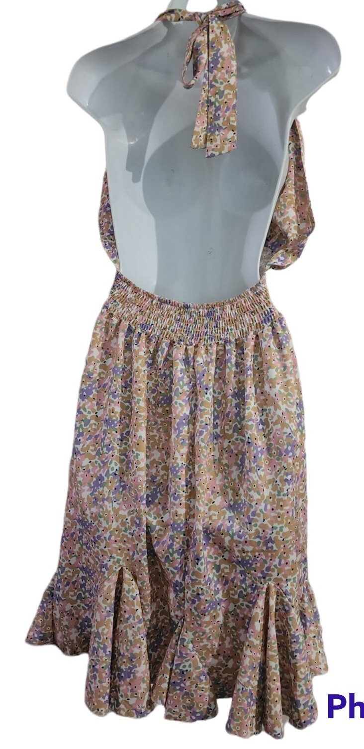 Cupshe Miriam Backless Halter-Neck Floral Rausch Pleated Dress size L NWT