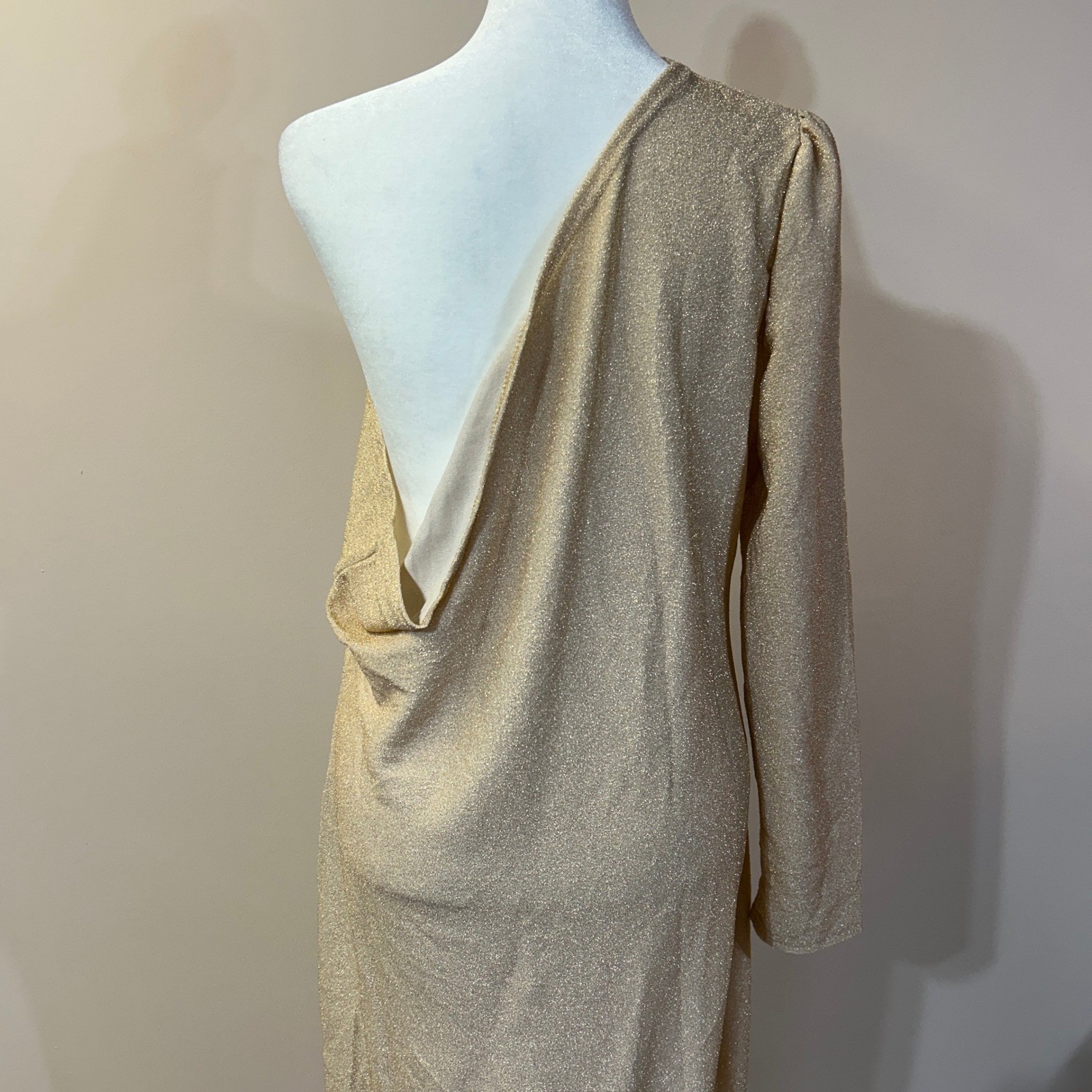 Gold Metallic One Shoulder Maxi Dress Side Slit Shimmer Gown XL Formal Gala Prom