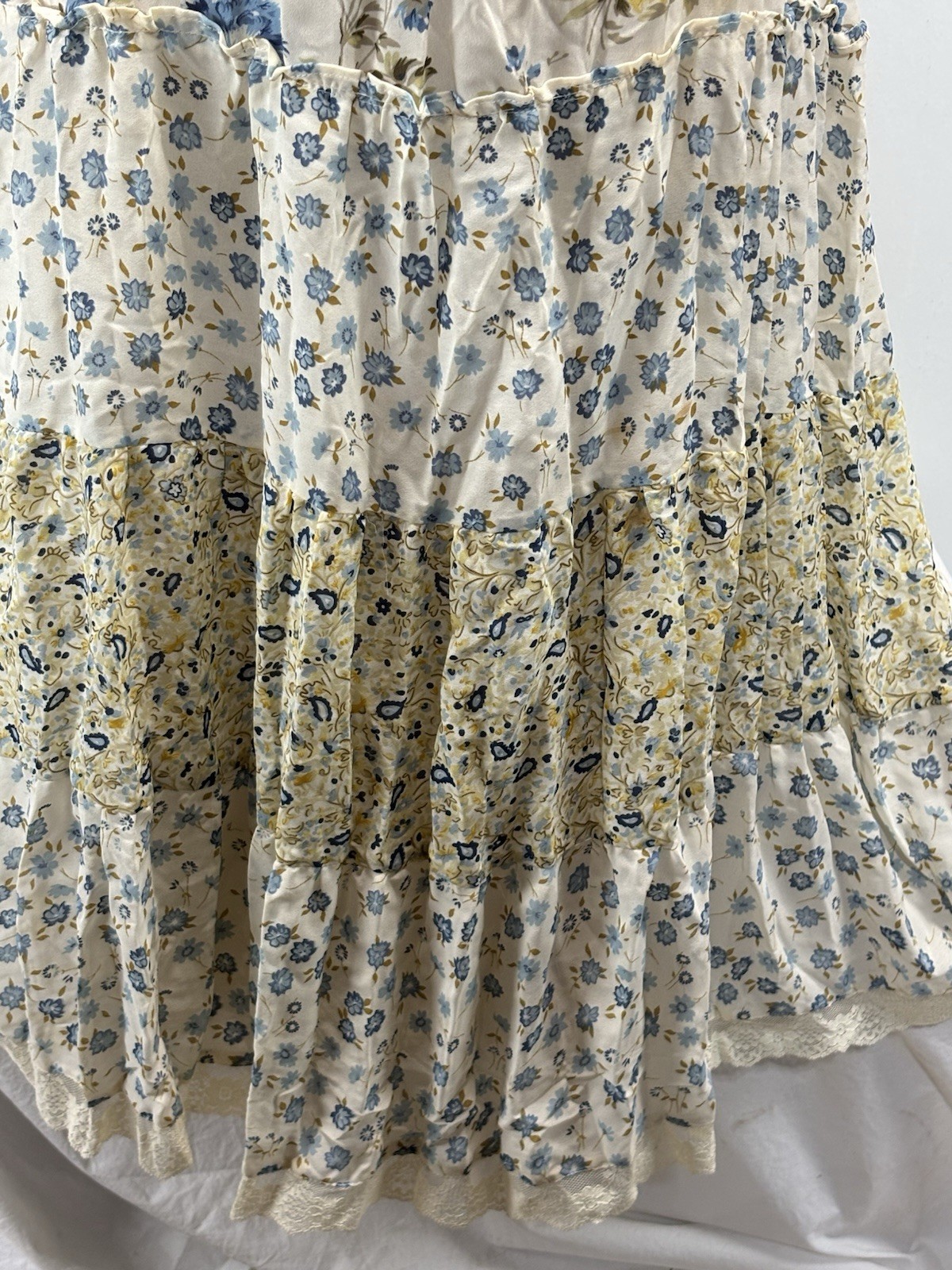 Robbie Bee Floral Patchwork Maxi Dress Womens XL Blue Yellow Crinkle Boho Tiered