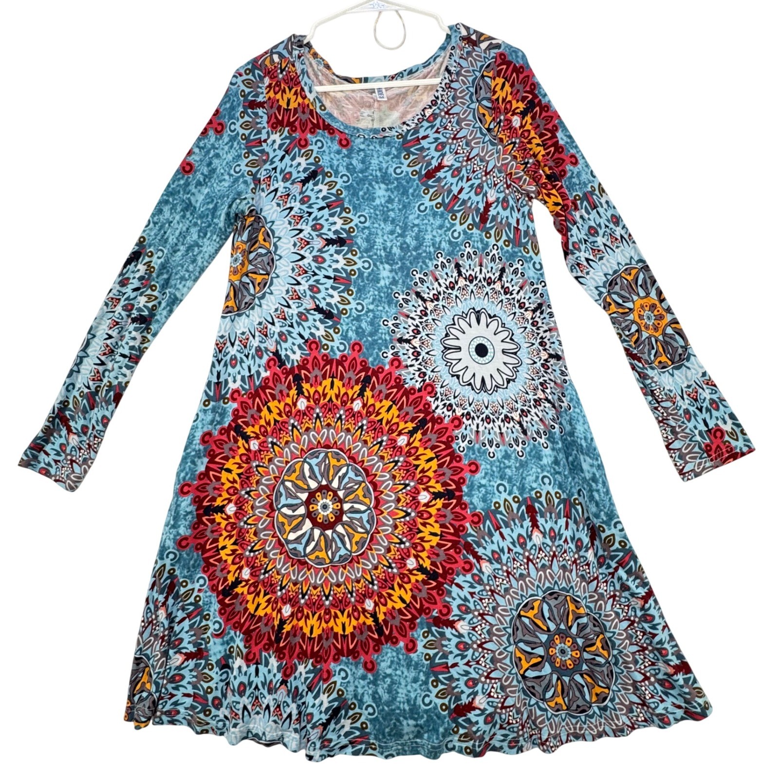 HIMONE Tunic Dress Womens Medium Blue Mandala Boho LS Jersey Knit Hippie