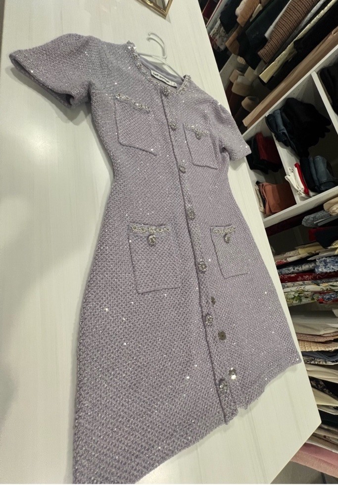Self-Portrait Lilac Sequin Embellished Knit Button Mini Dress Lavender Sz Med