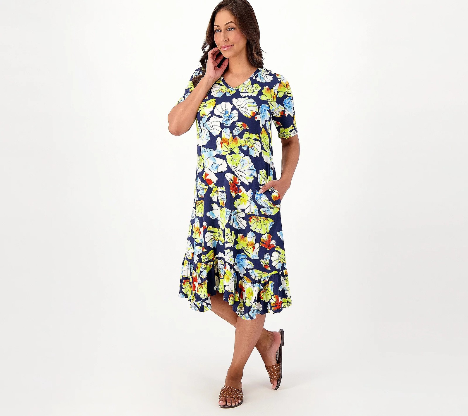 LOGO by Lori Goldstein Petite Rayon 230 Elbow Sleeve Dress Ink Floral M New