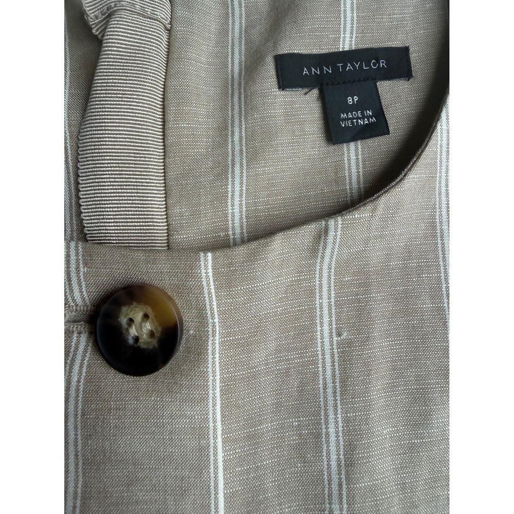 Ann Taylor Tan Striped Linen Blend Button Front Shift Dress 8P Womens Petite