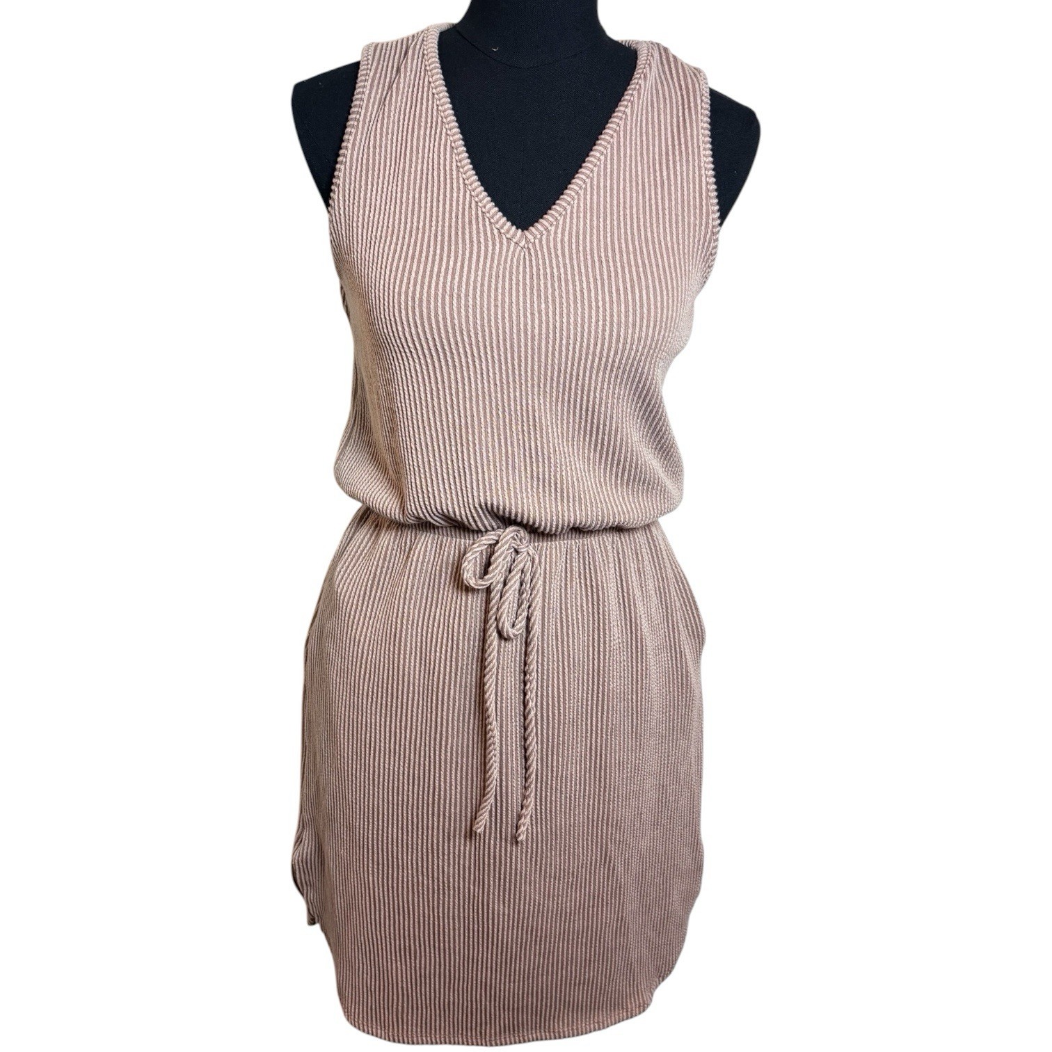 Heimish USA Ribbed Knit Mini Dress Mauve Pink V Neck Drawstring S