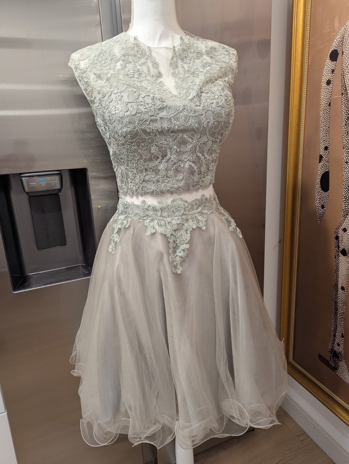 May Queen Size 12 Gray Beaded Embroidered Tulle V-Neck A-Line Knee Dress