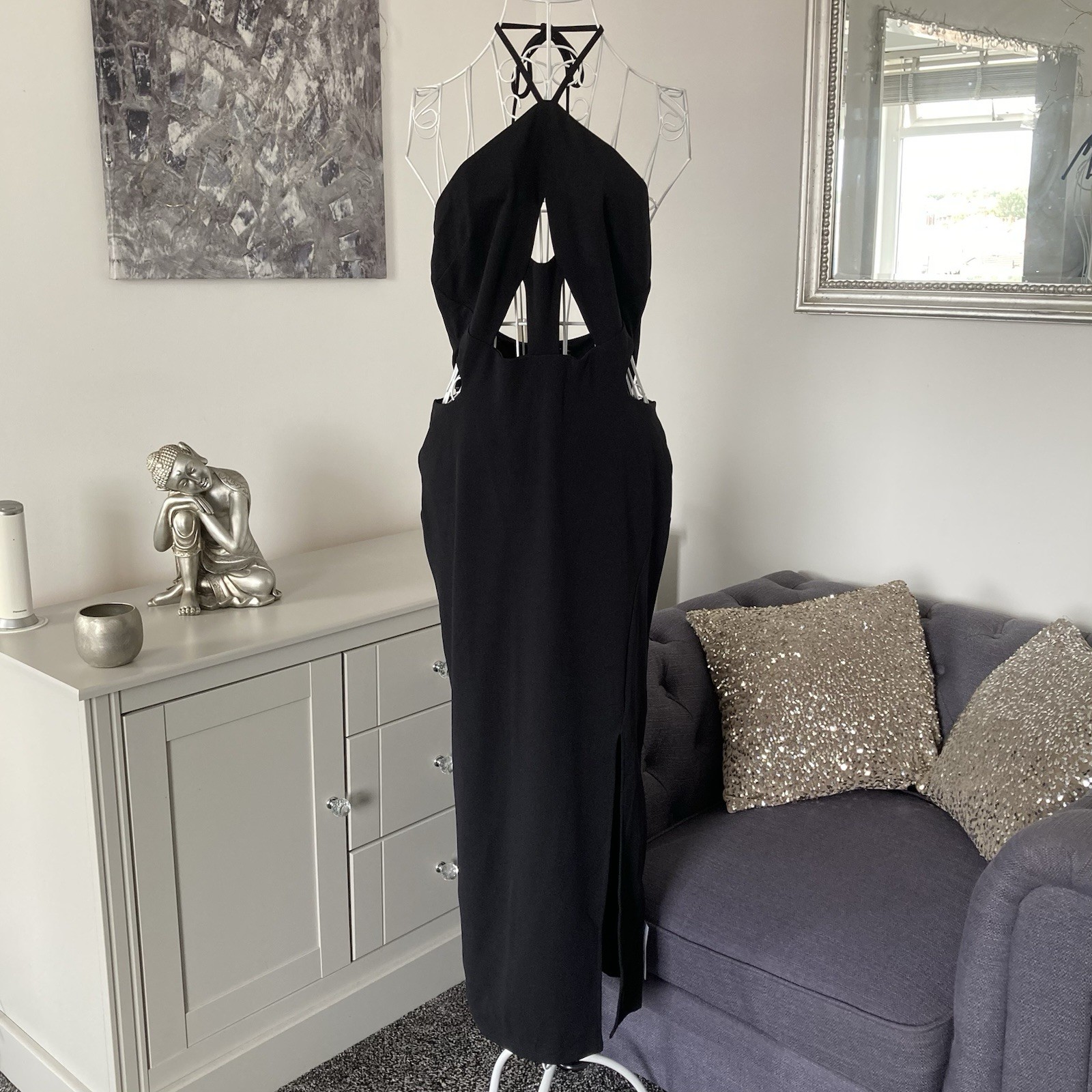 Black Halter Neck Cut Out Detailing Open Back Front Side Split Midi Dress 14 P