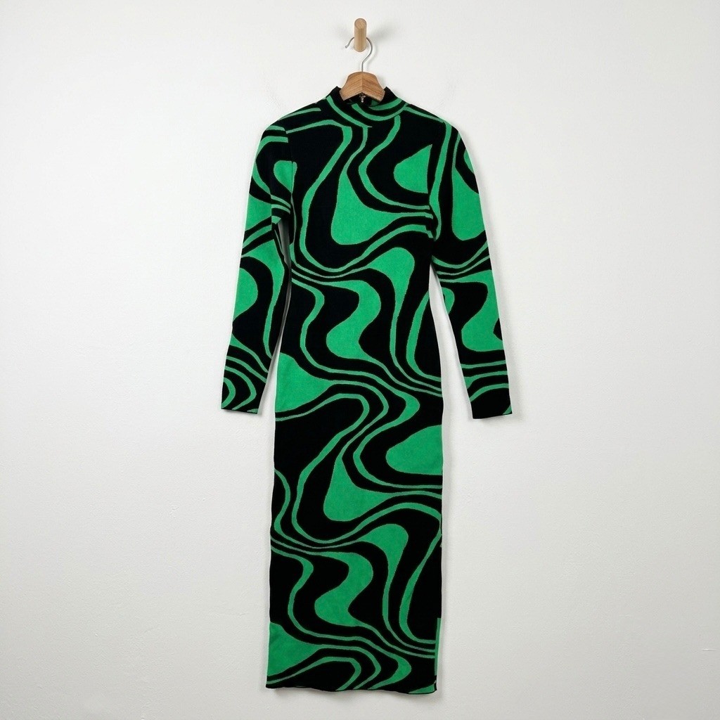 Fashion Nova Azaria Sweater Midi Dress Large Green Black Swirl Mock Neck New