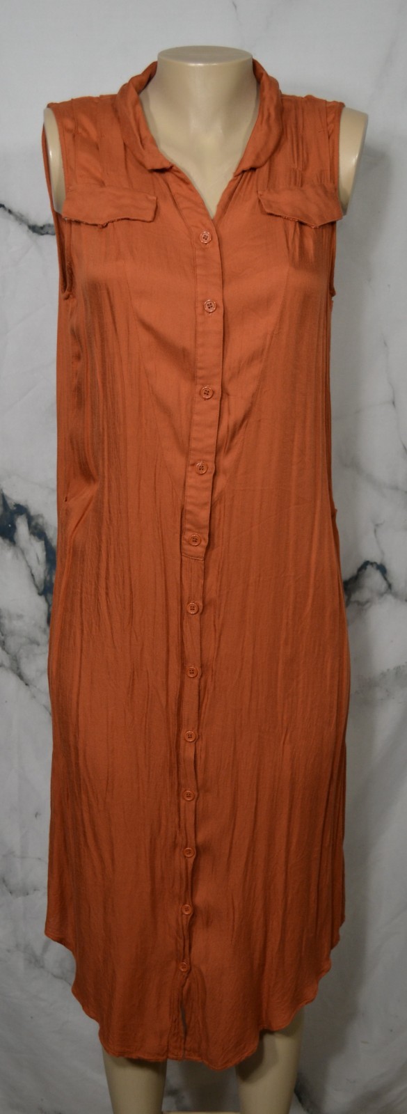 LULAMAE Orange Brown Cotton Sleeveless Shirt Dress 3 (XL) Faux Pockets Unlined