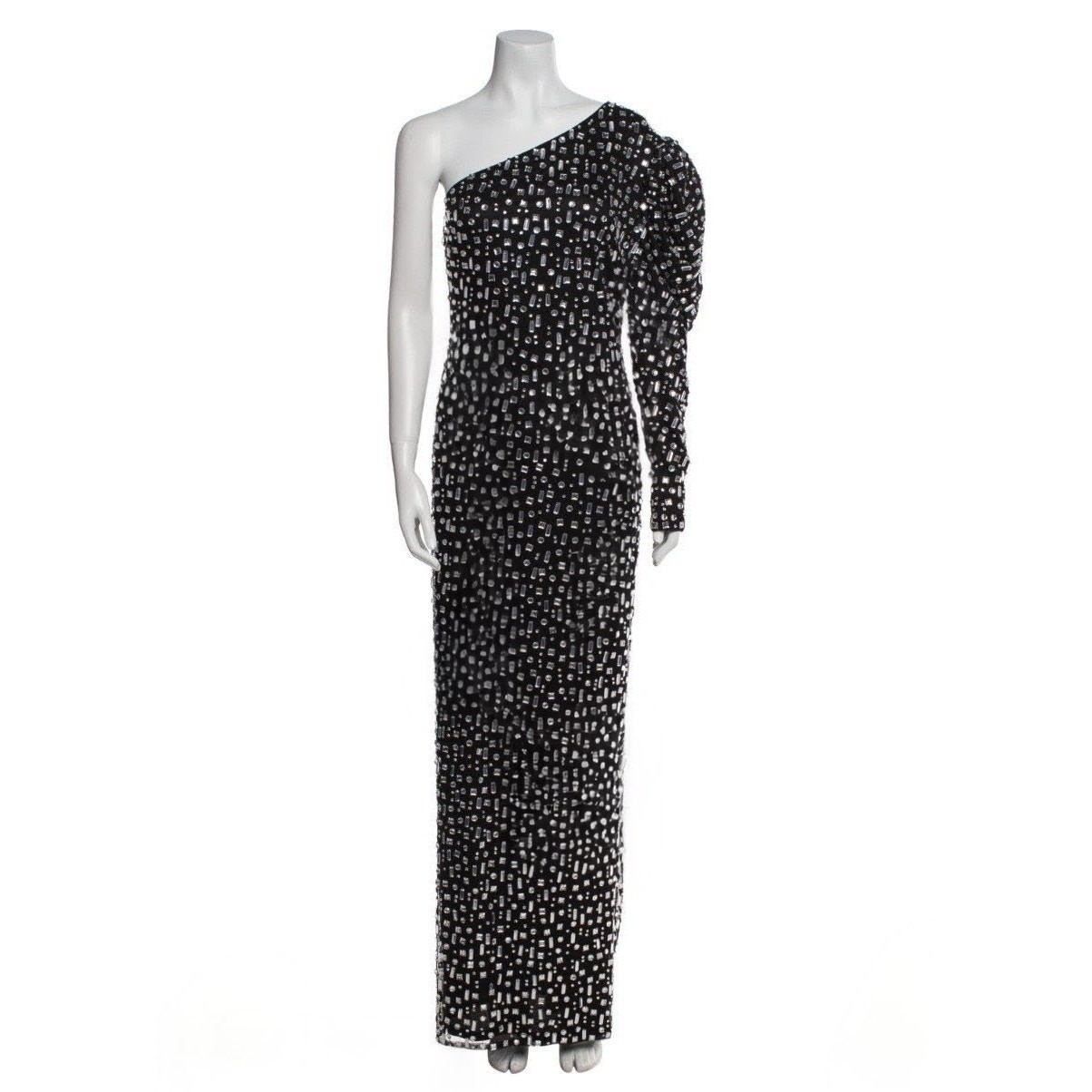 Mac Duggal One Shoulder Black Silver Crystal Puff Sleeve Back Slit Gown 8 NWT