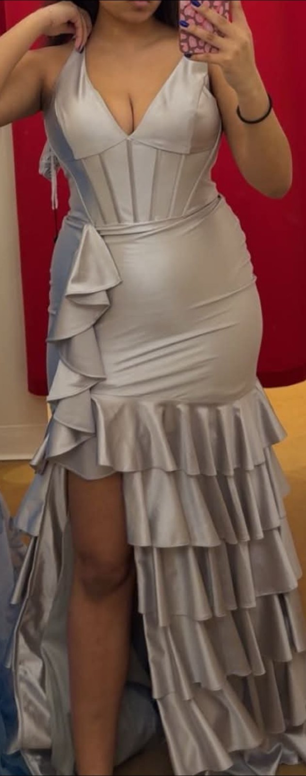 Sherri Hill Silver Satin Silk V-Neck Spaghetti Strap Corset Lace-Up Gown 12