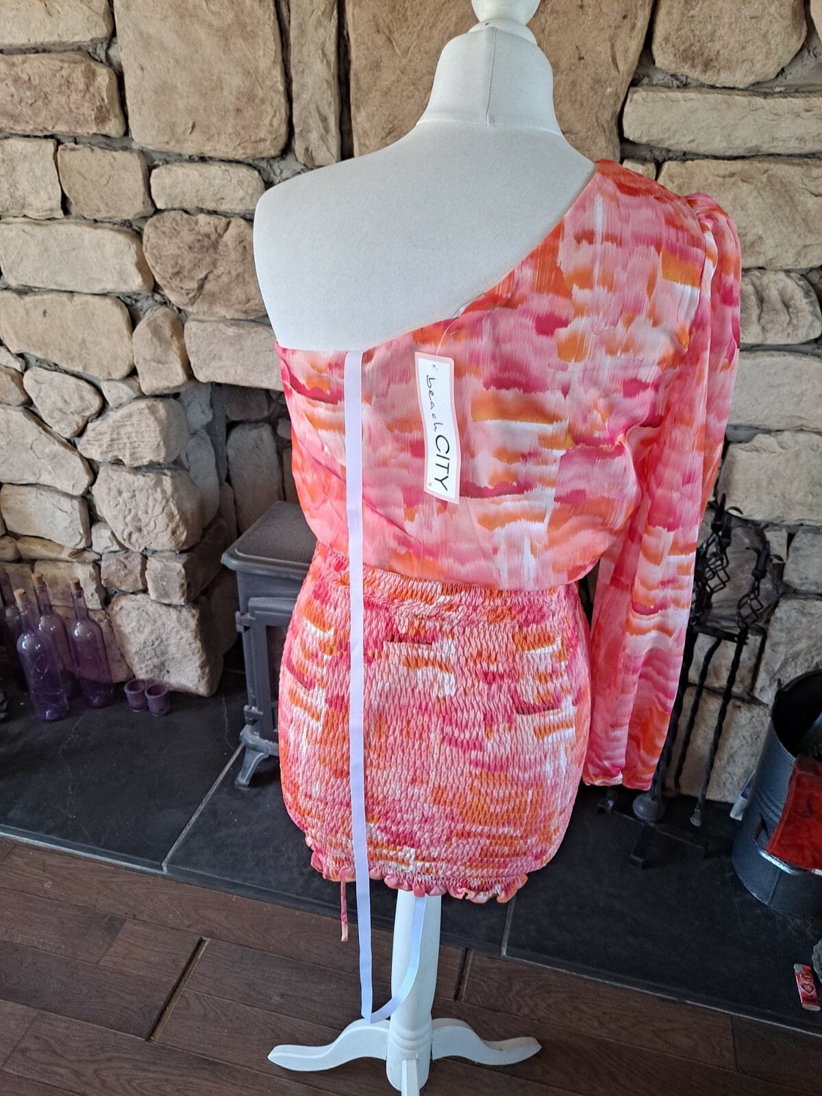 Beach City One Shoulder Pink Orange Dress Elasticated Runched Skirt Size S BNWT