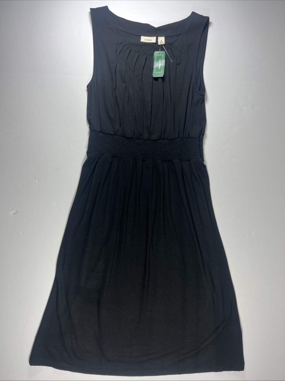L.L. Bean Pleated Knit Dress Medium Black Sleeveless Stretch Casual NWT 287629