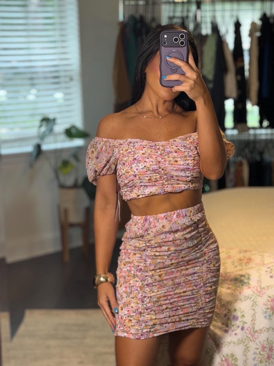 Floral Ruched Two Piece Set Cottagecore Coquette Off Shoulder Mini Skirt NWT