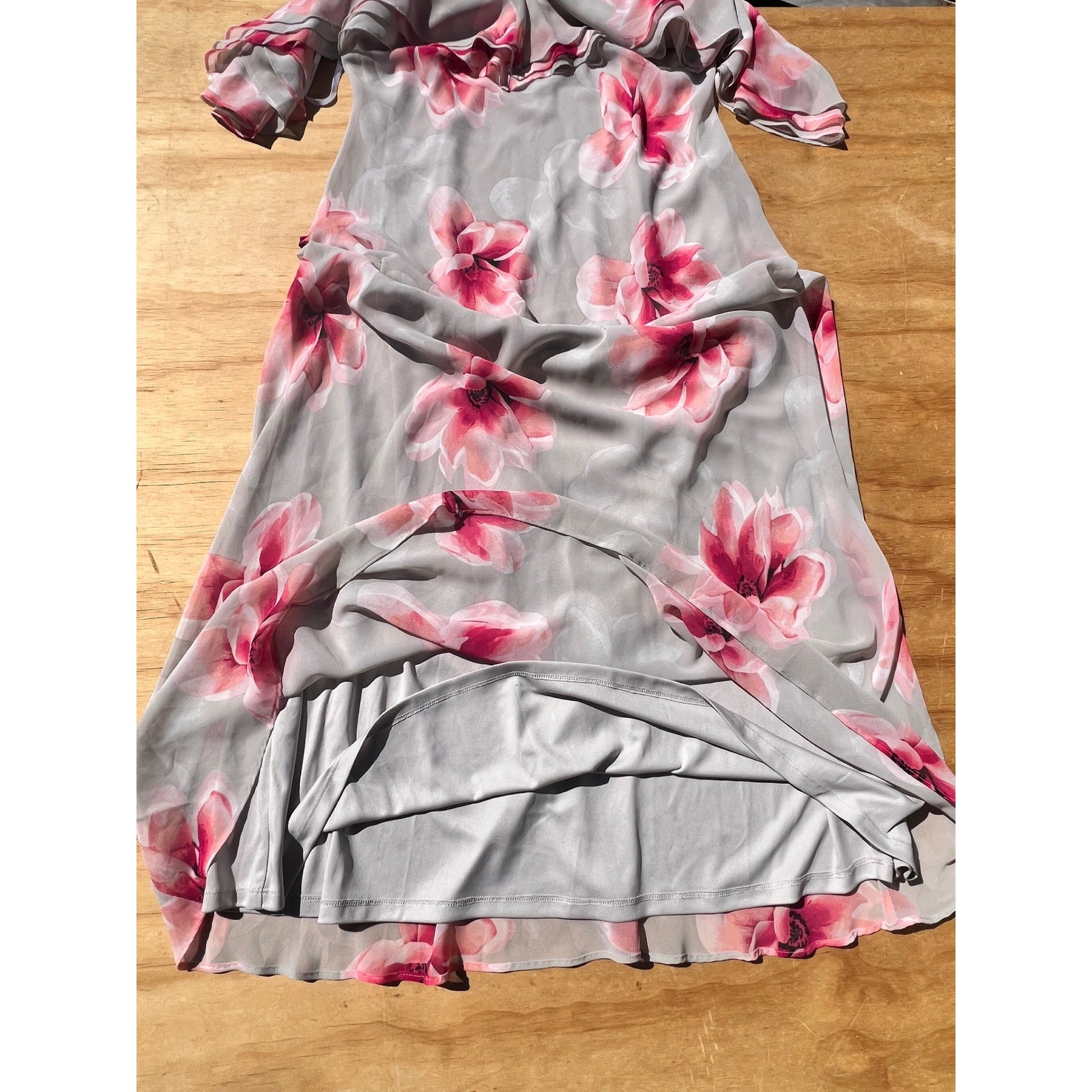 Calvin Klein Floral Cold Shoulder Maxi Dress Grey Pink Magnolia Ruffle Size 12