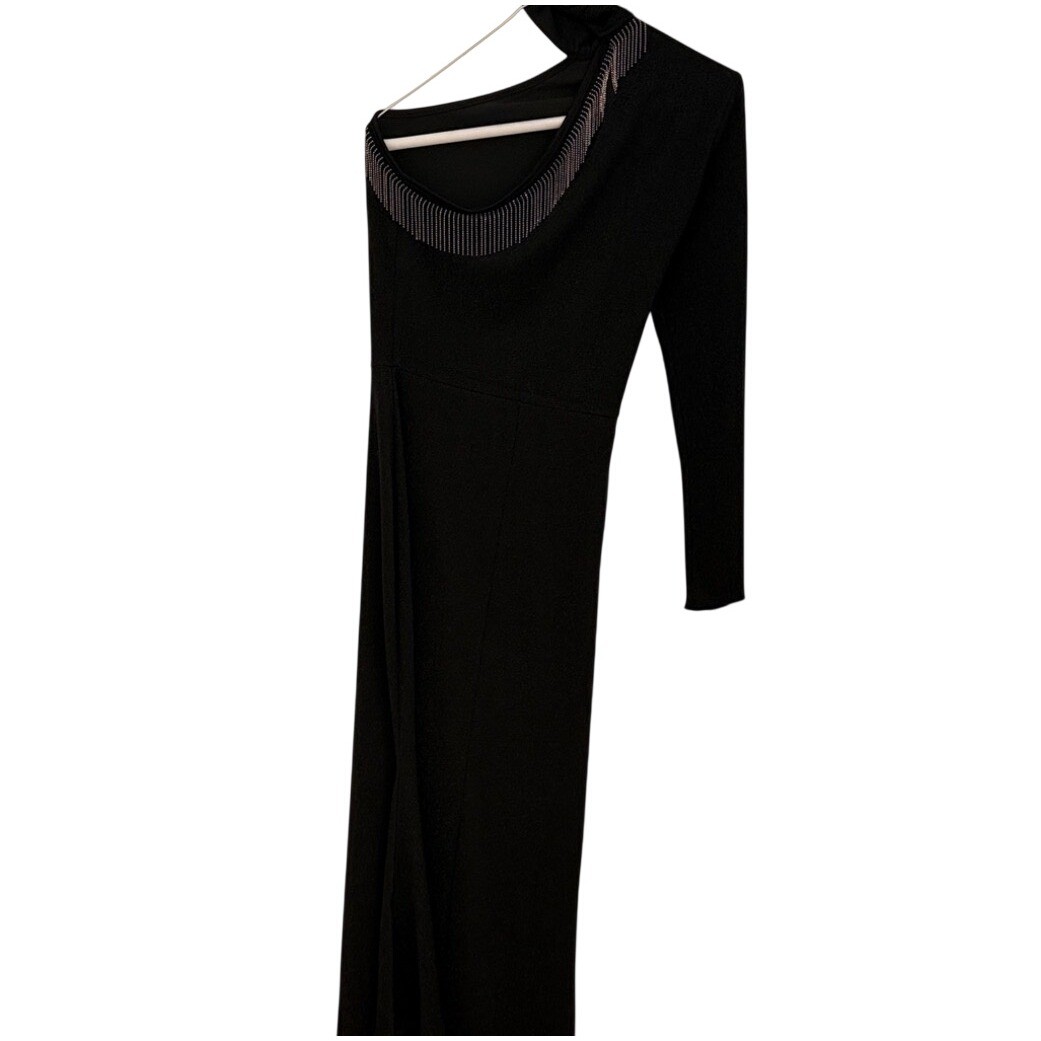Black One Shoulder Maxi Dress Long Sleeve Beaded Fringe Neckline Formal Gown