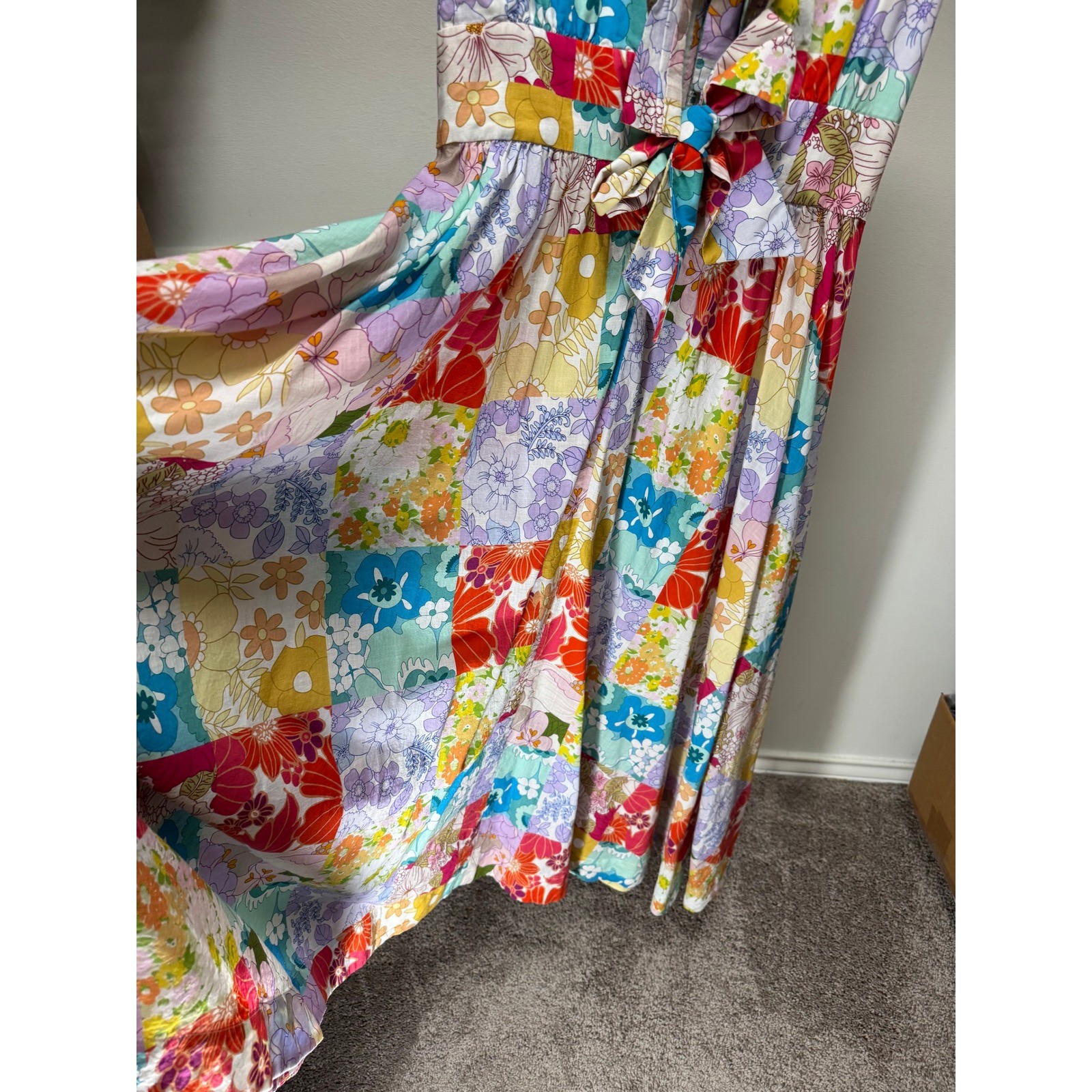 Patchwork Floral Midi Dress Womens M Tie Front Boho Colorful Sundress Resort
