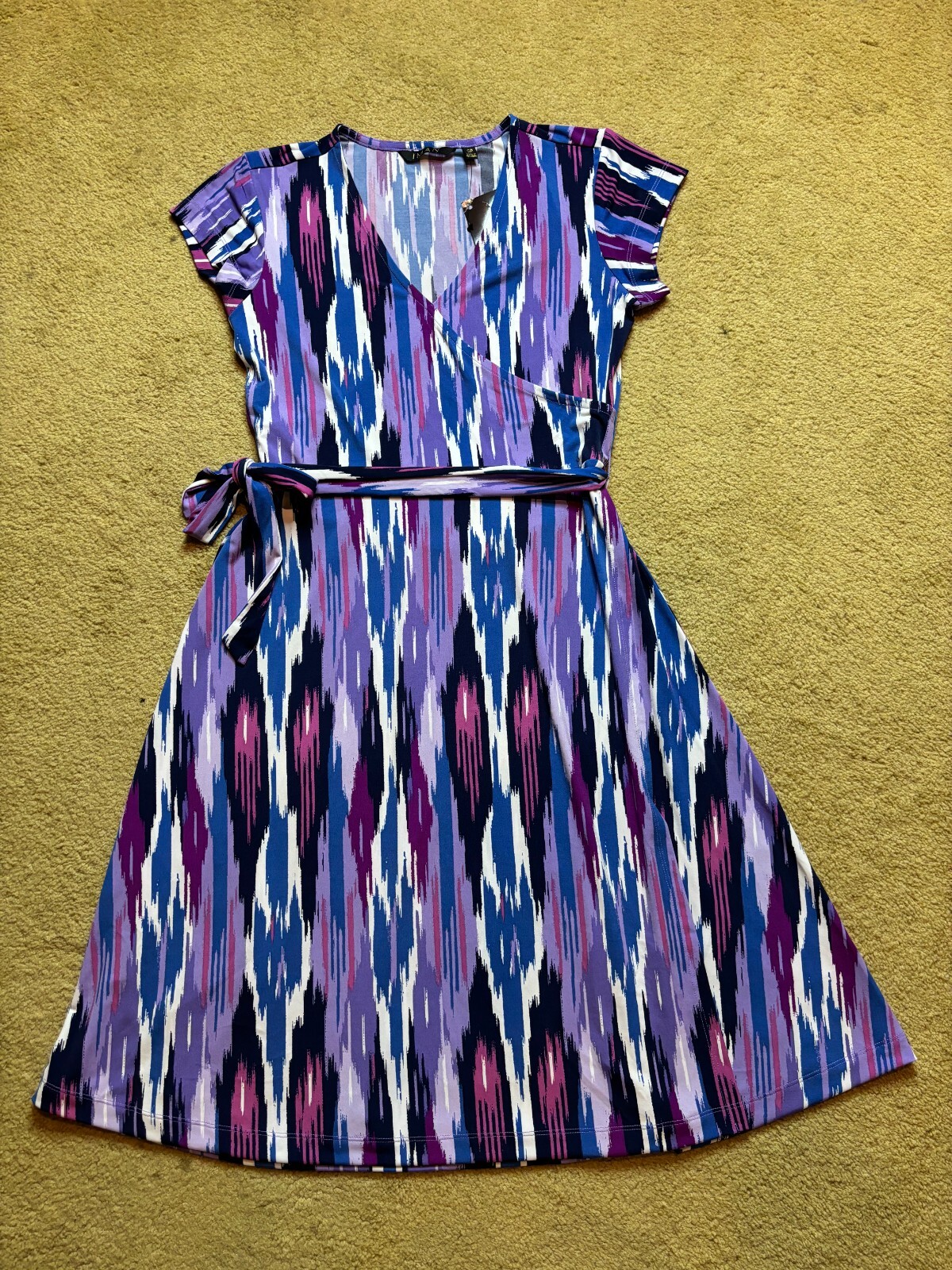 NWT IMAN Global Chic Purple Blue Aztec Faux Wrap Dress Tie Belt Short Sleeve S