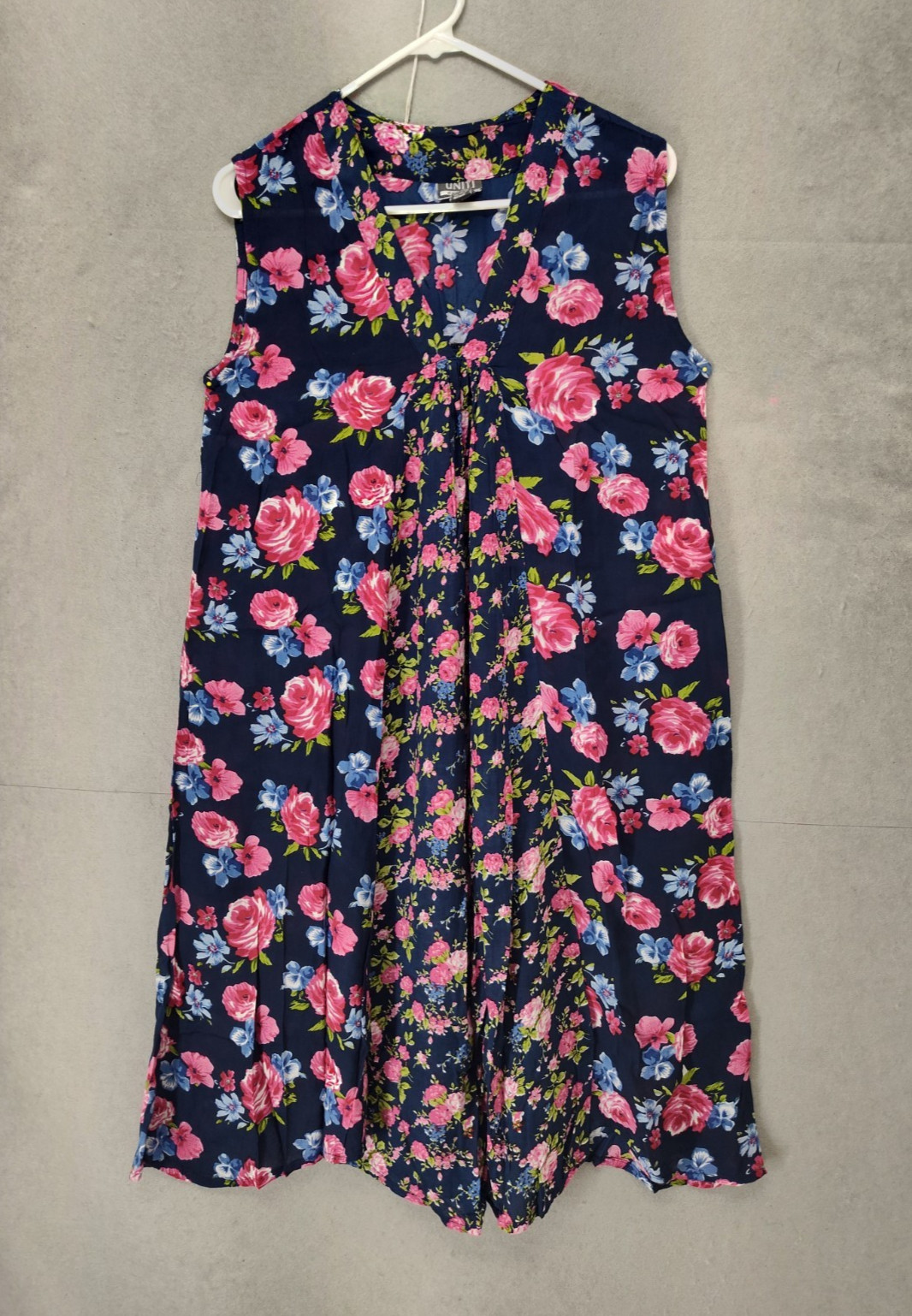 Uniti Casuals Women Dress One Size Blue Floral Print Cotton Blend V Neck Midi