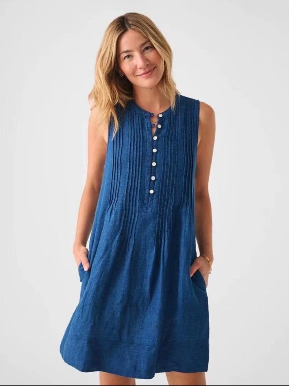 Faherty Isha Basketweave Dress XL Sleeveless Linen Indigo $168