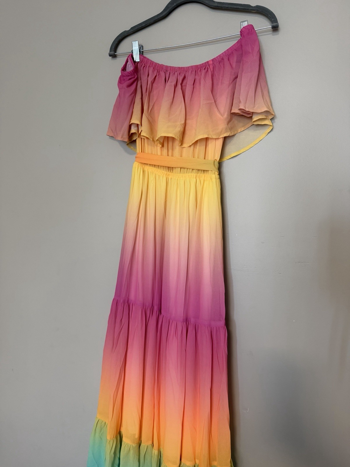 Vici Multicolor Ombre Off Shoulder Chiffon Maxi Dress Pullover Tie Belt S