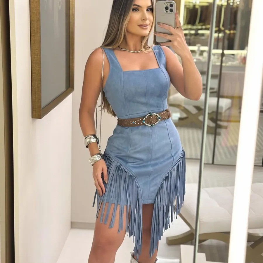 Women’s Cotton Square Collar Sling Tassel Dress Without Belt