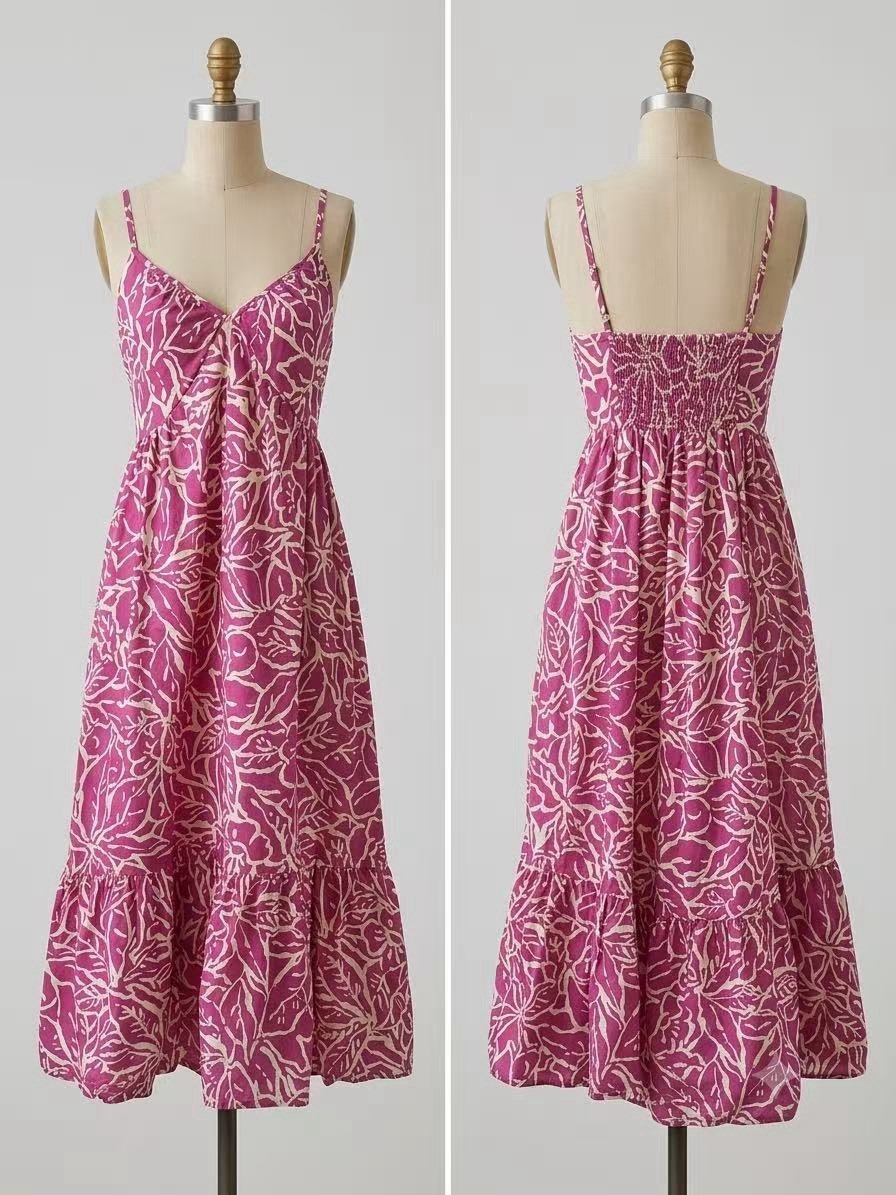 Gap 100% Cotton Fuchsia Pink Leaf Floral Smocked Cami Tiered Midi Dress Size XS