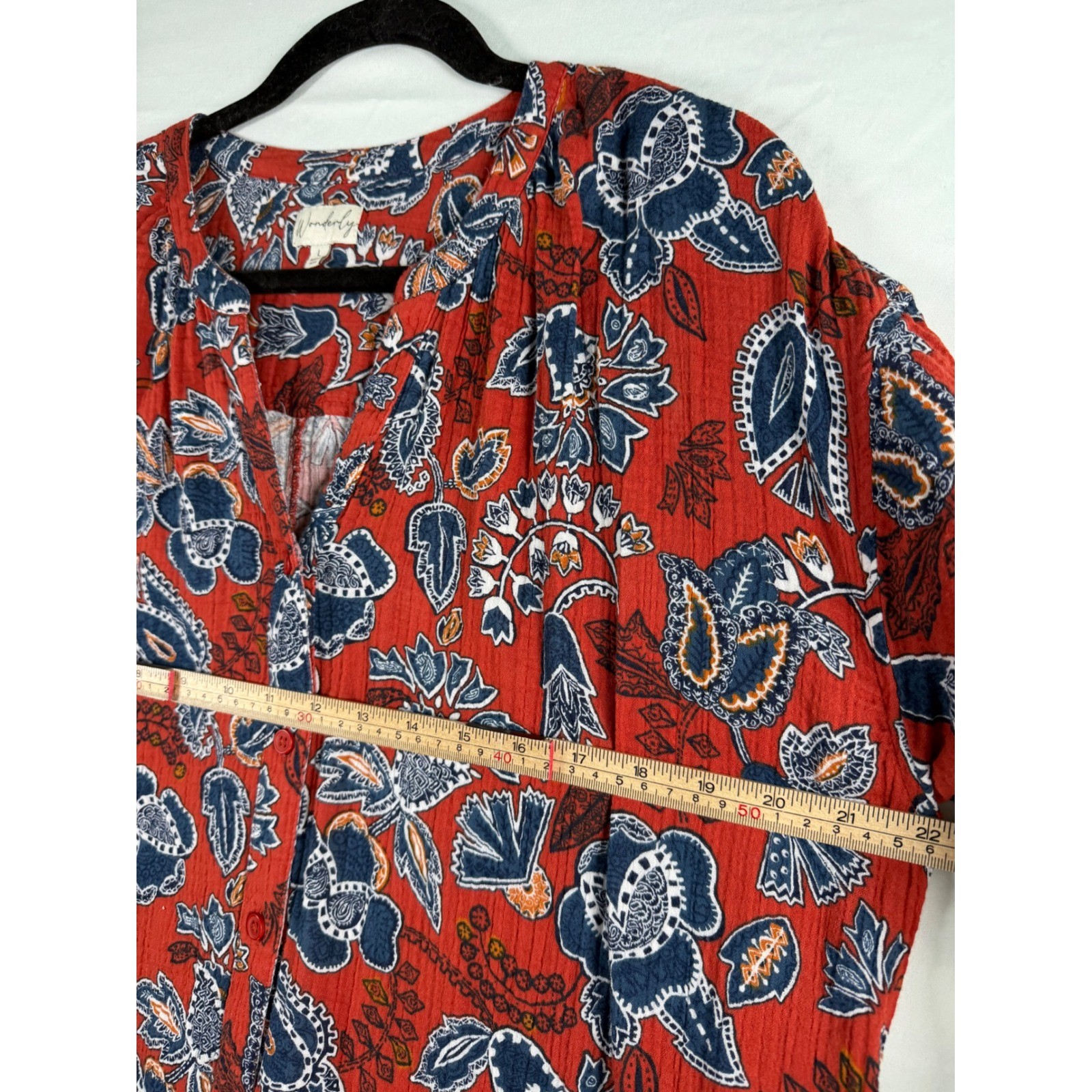 Wonderly Womens Rust Floral Paisley Gauze Button Front Midi Dress Pockets Large