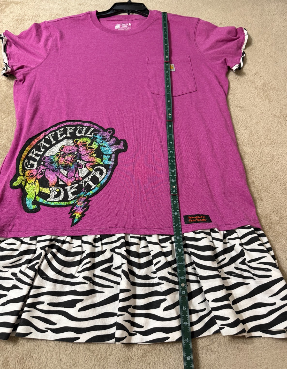 Grateful Dead Carhartt Upcycled Tee Dress XL Zebra Ruffle Velvet Familiar