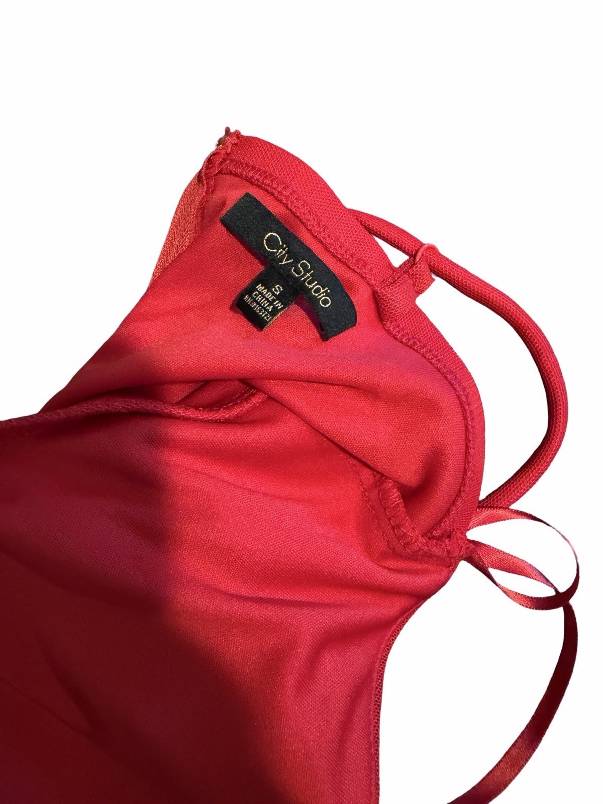 City Studios Red Ruched Bodycon Mini Dress V-Neck Spaghetti Strap Zip Sz small