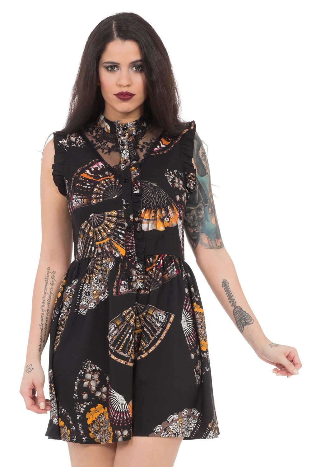 JAWBREAKER VINTAGE RETRO LEATHAL DEADLY FAN DANCE HIGH NECK MINI DRESS DRA8199
