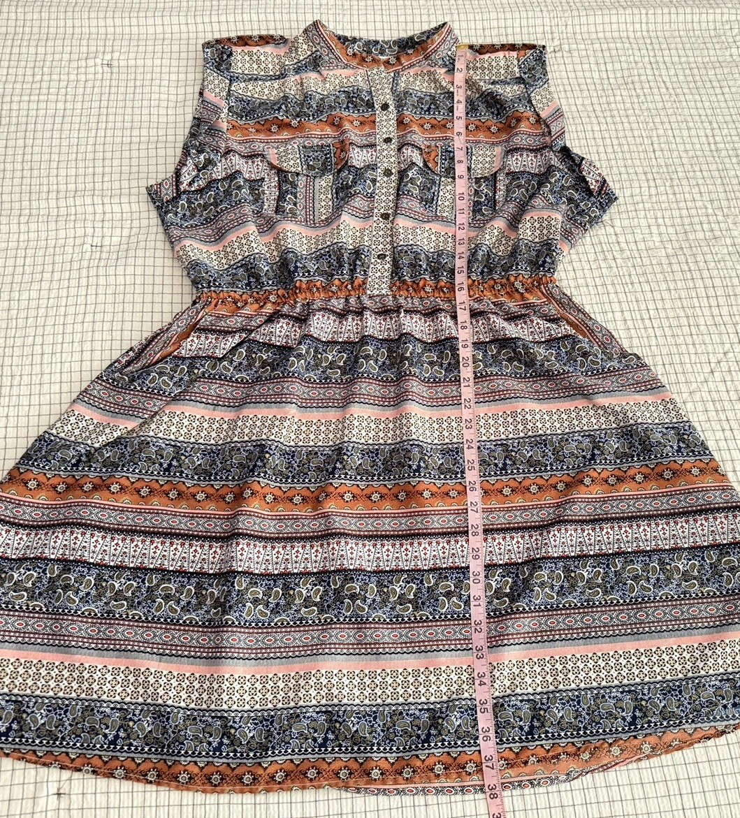 speed control 3X boho paisley stripe multi short sleeve cinch waist button dress