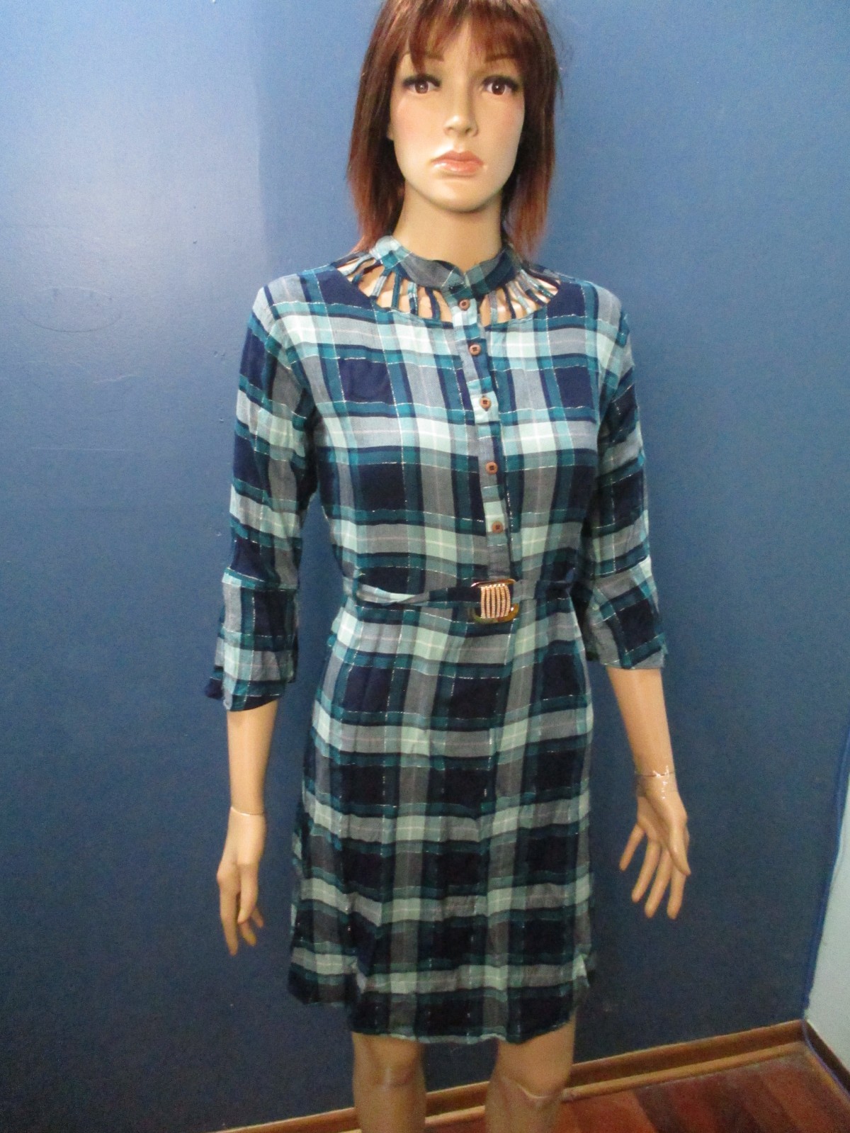 SMALLER 4XL teal green navy blue plaid CAGE NECKLINE cotton dress TISHA GARMENTS