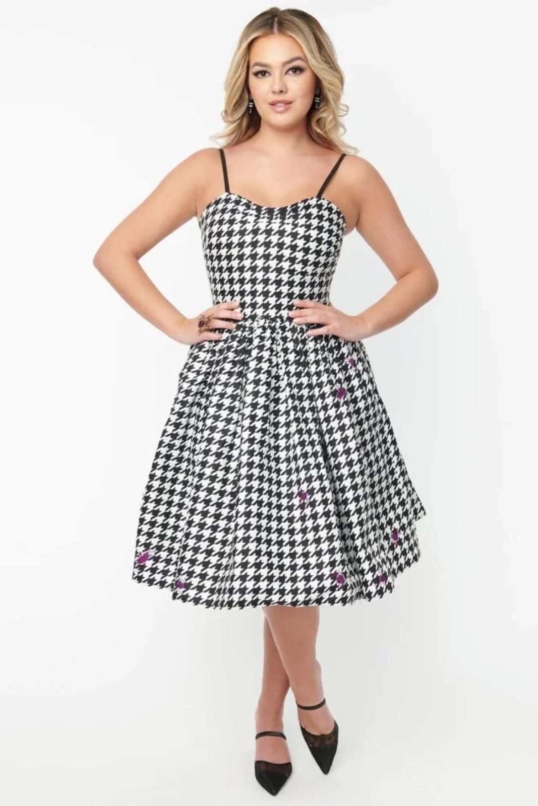 NWT UNIQUE VINTAGE Black Houndstooth & Purple Spiders Darcy Swing Dress-S