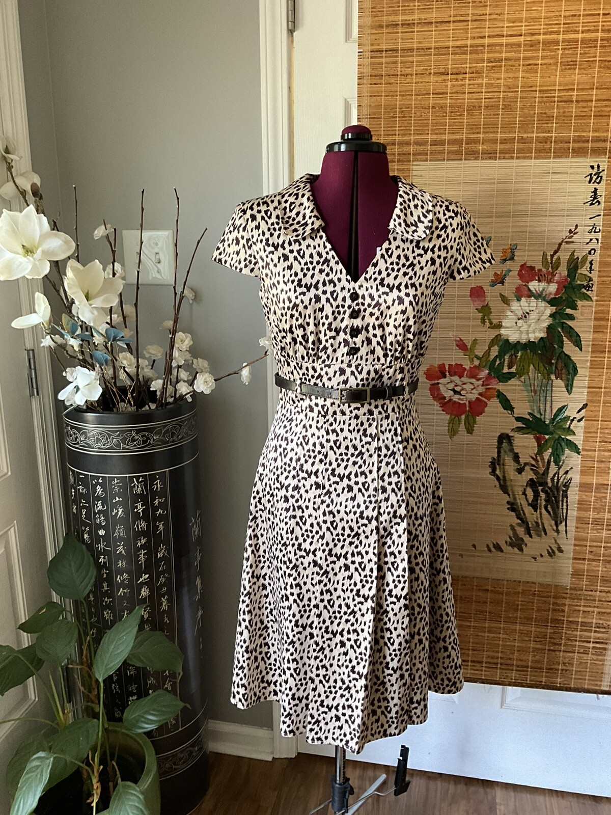 Alex Marie Animal Print Belted Dress With Pleats In The Front Fit Flare Dress