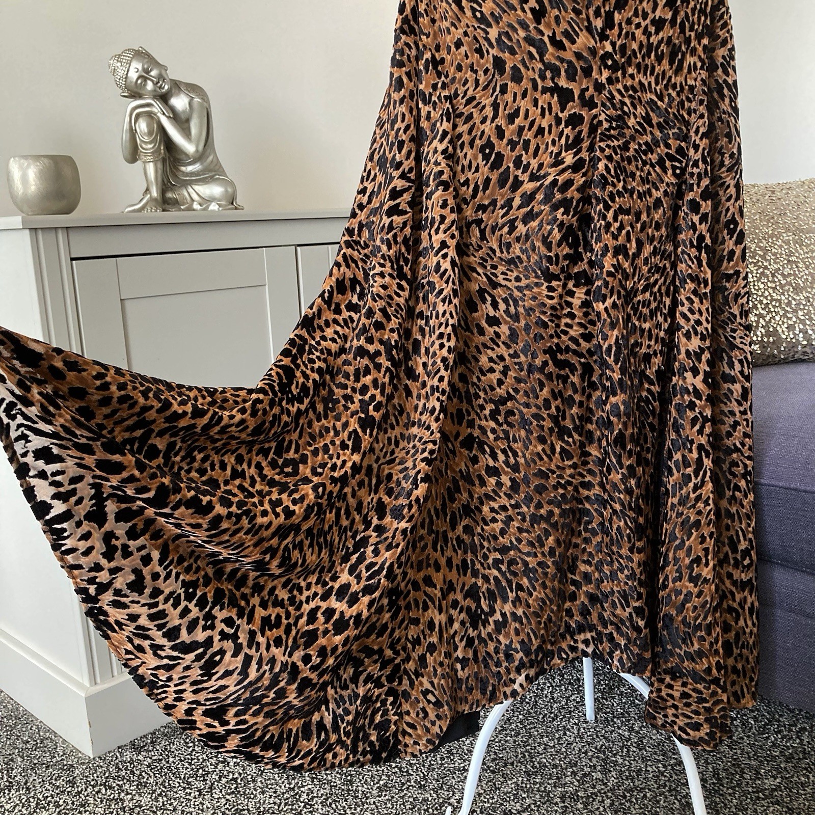 Leopard Print Devore Cowl Neck Sleeveless Thigh High Split Flared Maxi Dress 10