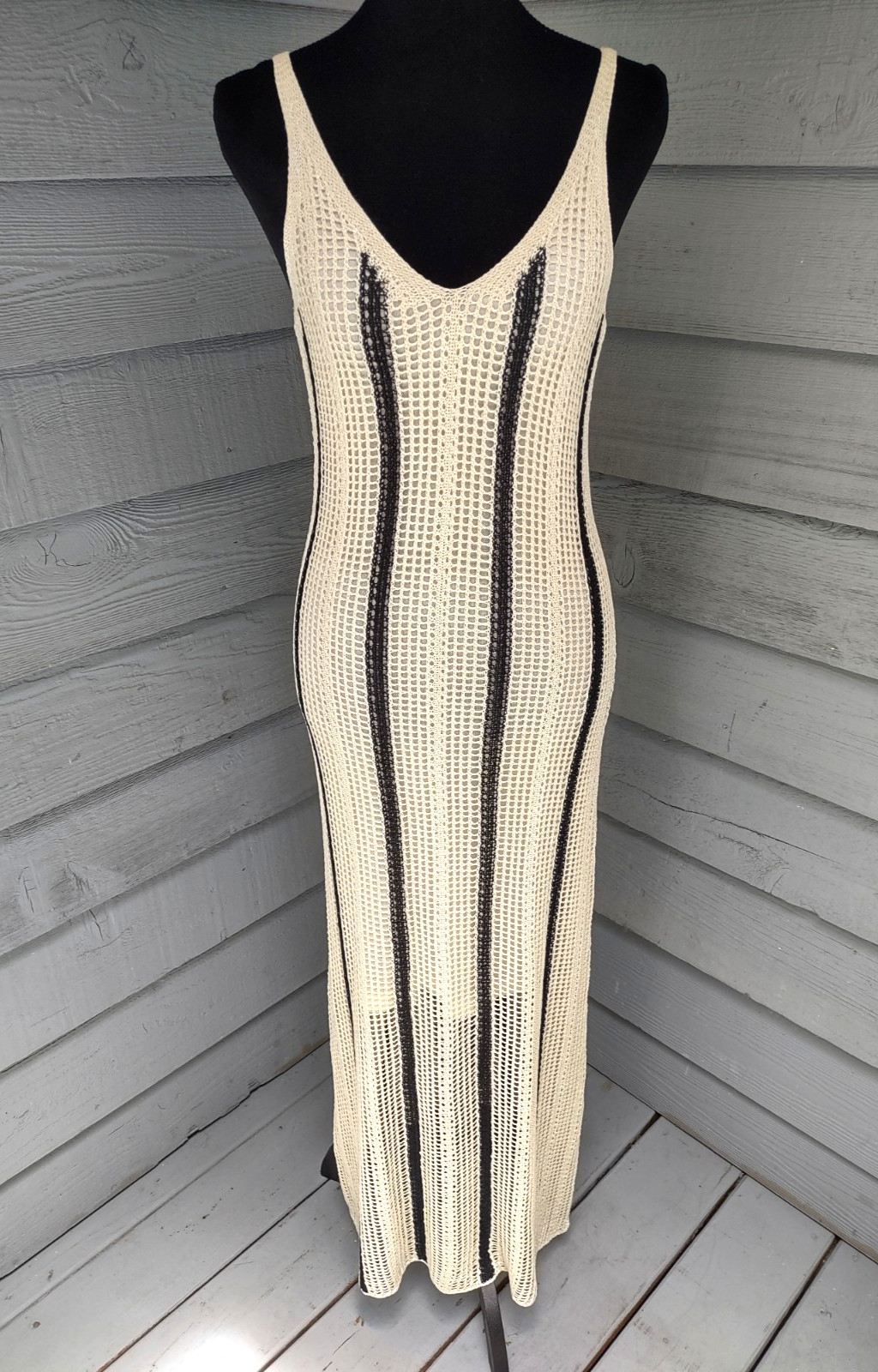 A New Day Crochet Knit Maxi Dress XS Ivory Black Striped Lined Sleeveless V Neck
