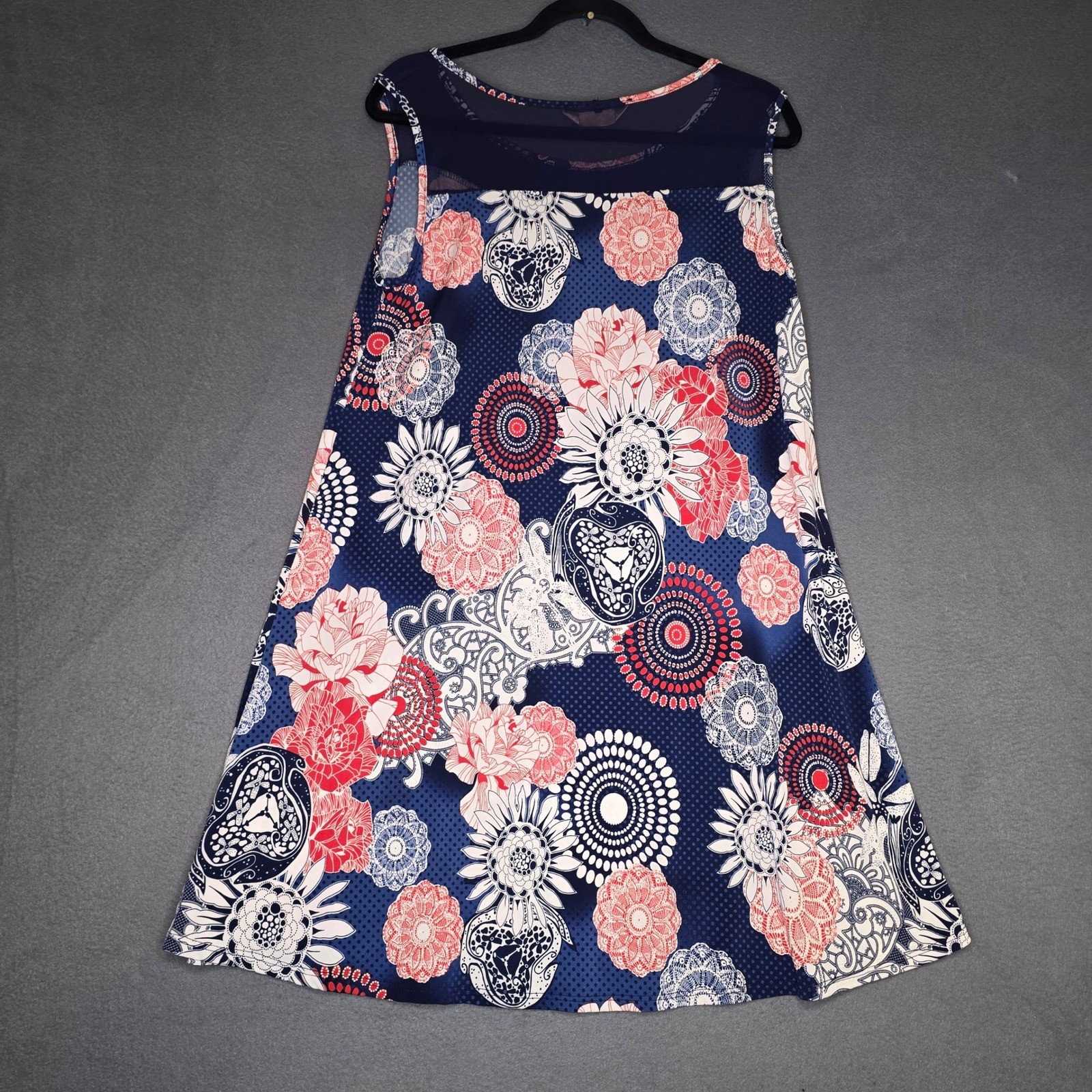 SJS Red White Blue Floral Mandala Sleeveless Mesh Inset A-Line Dress Large