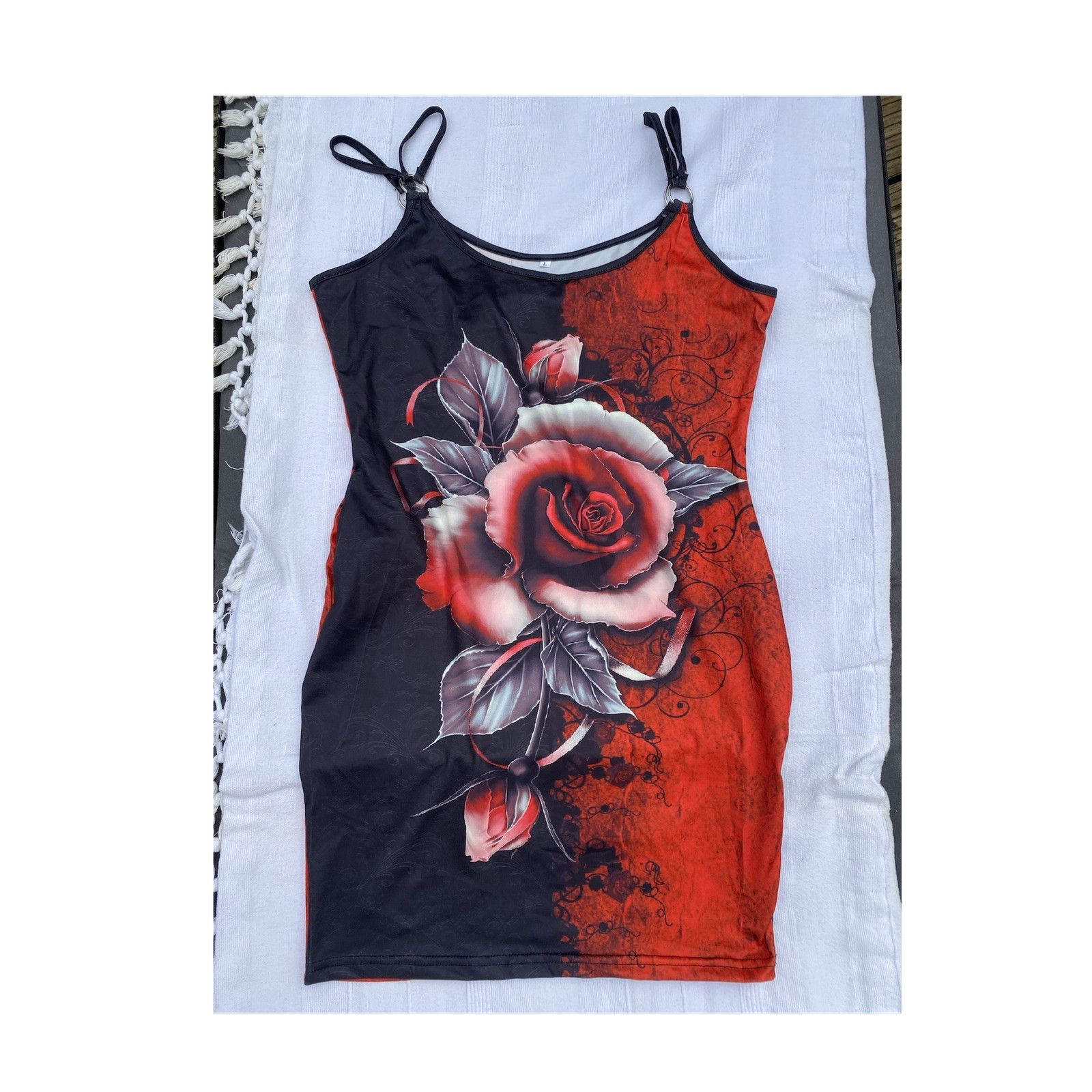 Black Red Rose Print Strappy Sleeve Bodycon Dress L Polyester Elastane