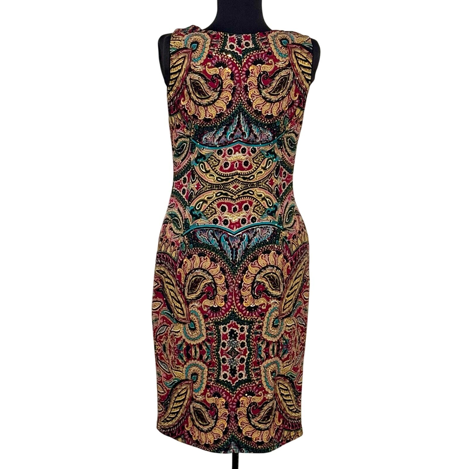 Joseph Ribkoff Jewel Tone Digital Print Jersey Dress Sz 8 Sequins Fitted Sheath