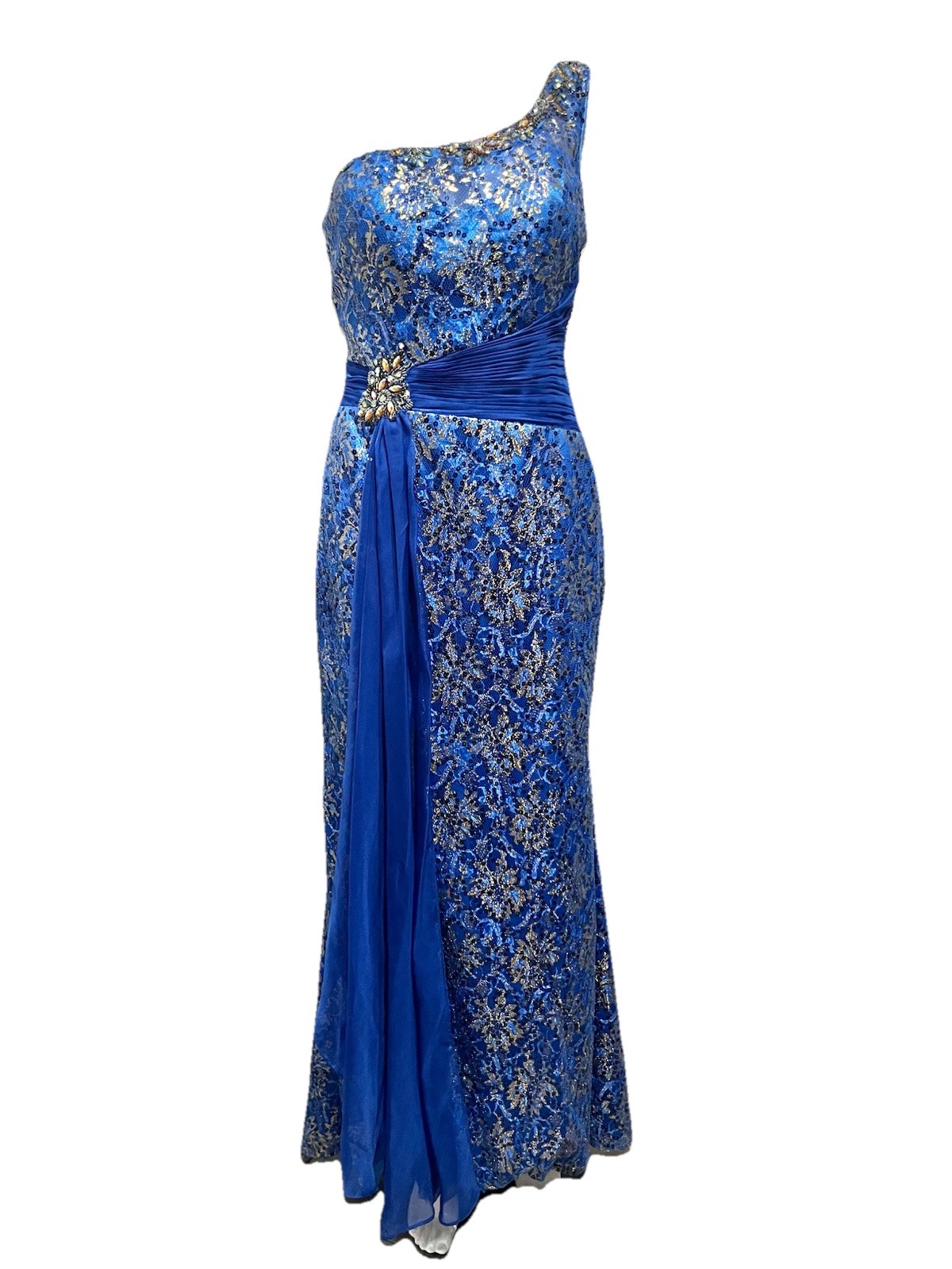Dancing Queen 6 Royal Blue & Gold Beaded One Shoulder Dress Prom Formal Vintage