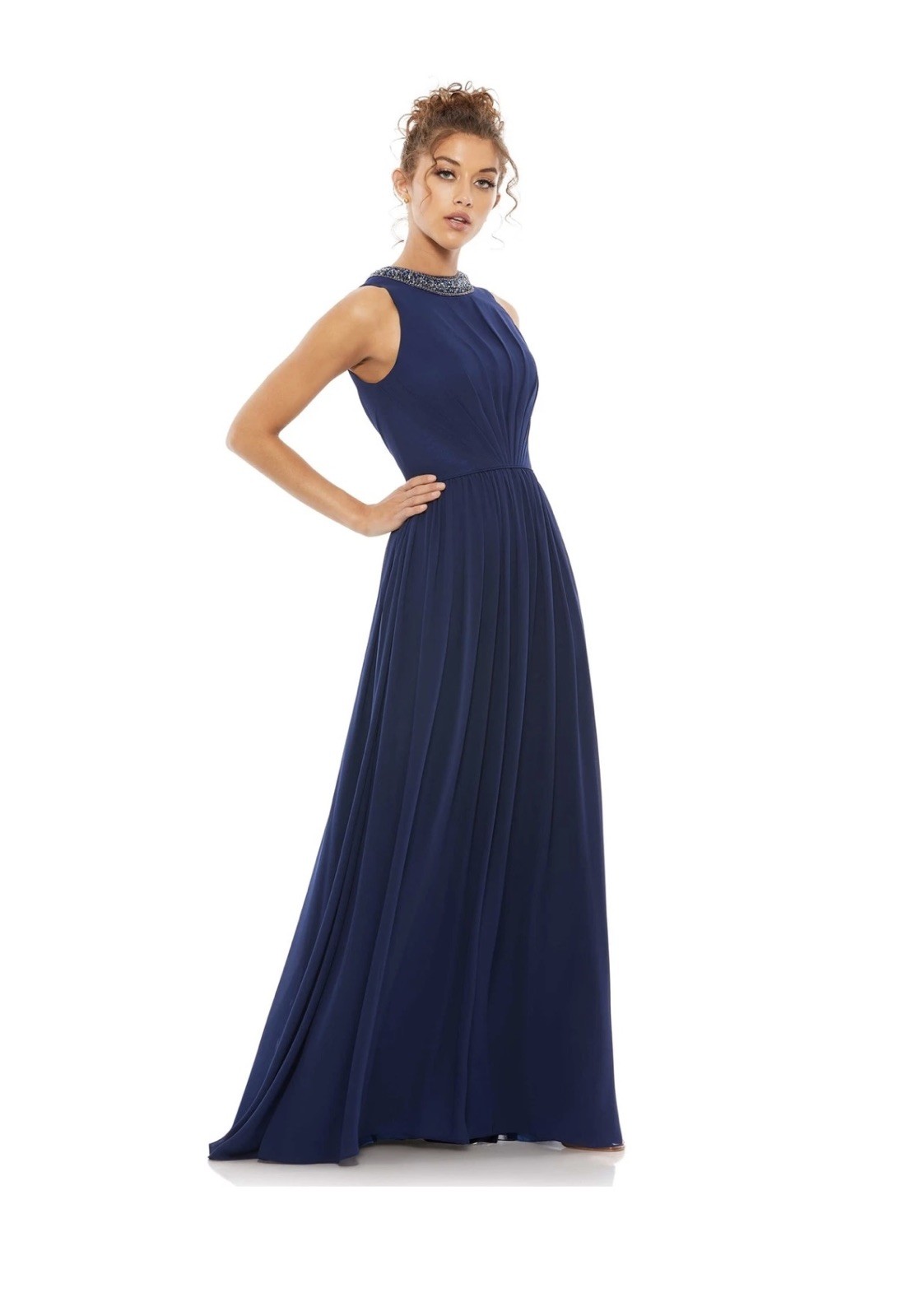 Mac Duggal NWT 55147 Embellished High Neck Pleated Gown Sz 10 Midnight Navy Blue