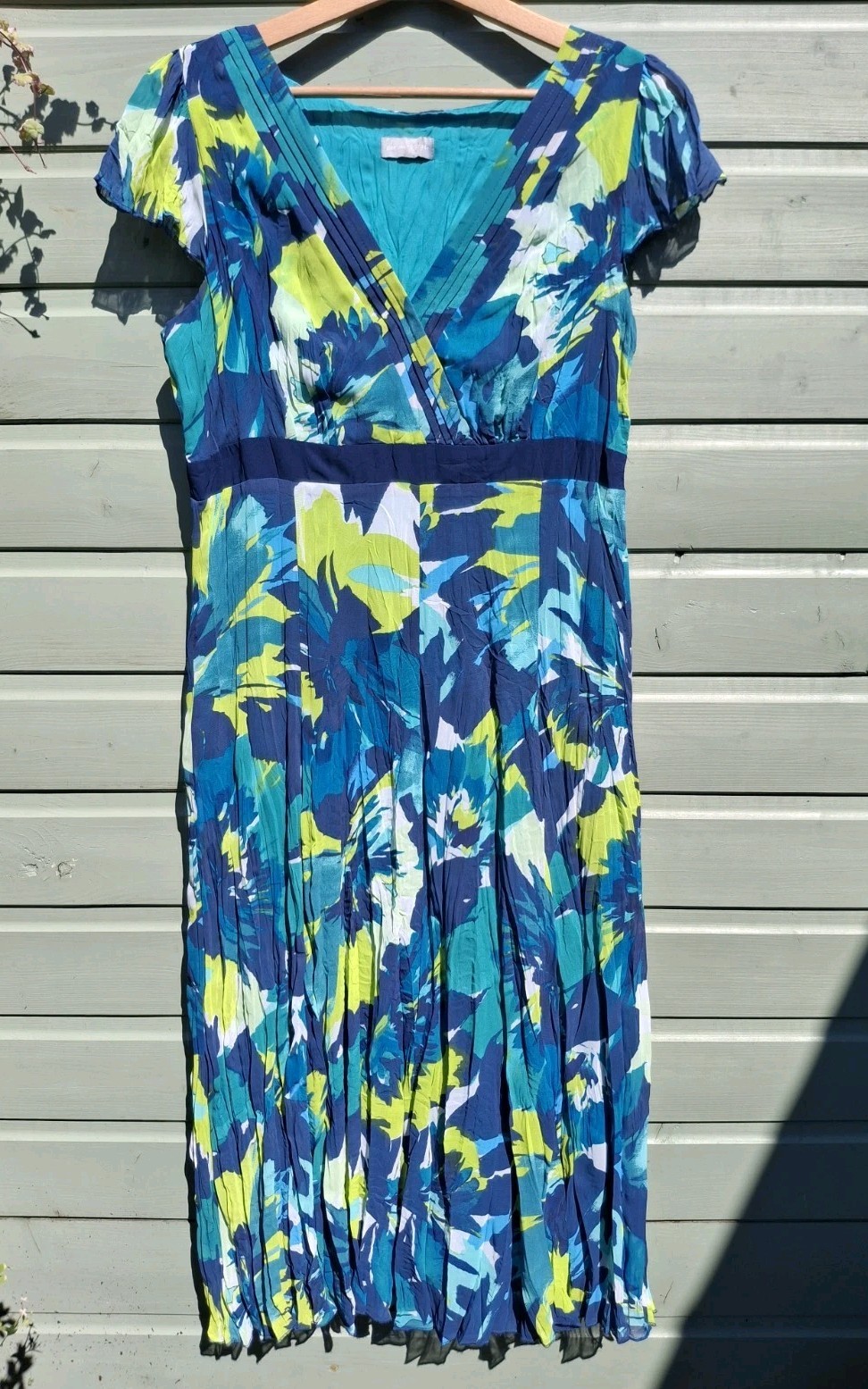 M&S Per Una Dress size 14 blue green crinkle bold vibrant midi fit & flare smart