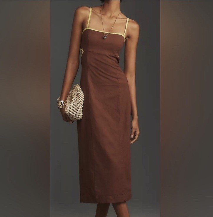Maeve for Anthropologie The Dafni Cutout Linen Midi Dress Size XSP Brown Green