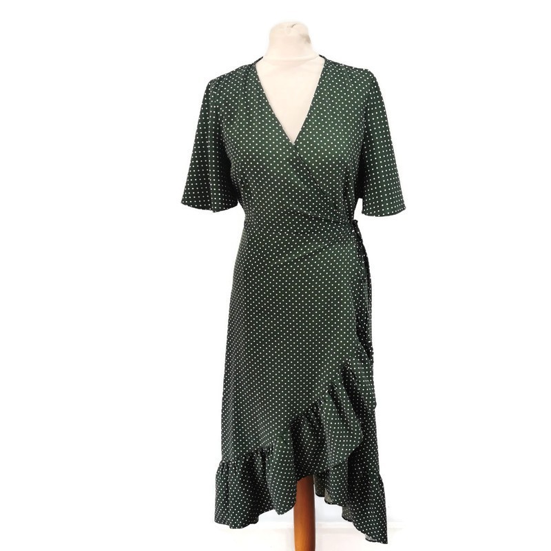 MELA Ruffle Wrap Green Spotty Midi Dress UK Size 12 Short Sleeve Party V Neck