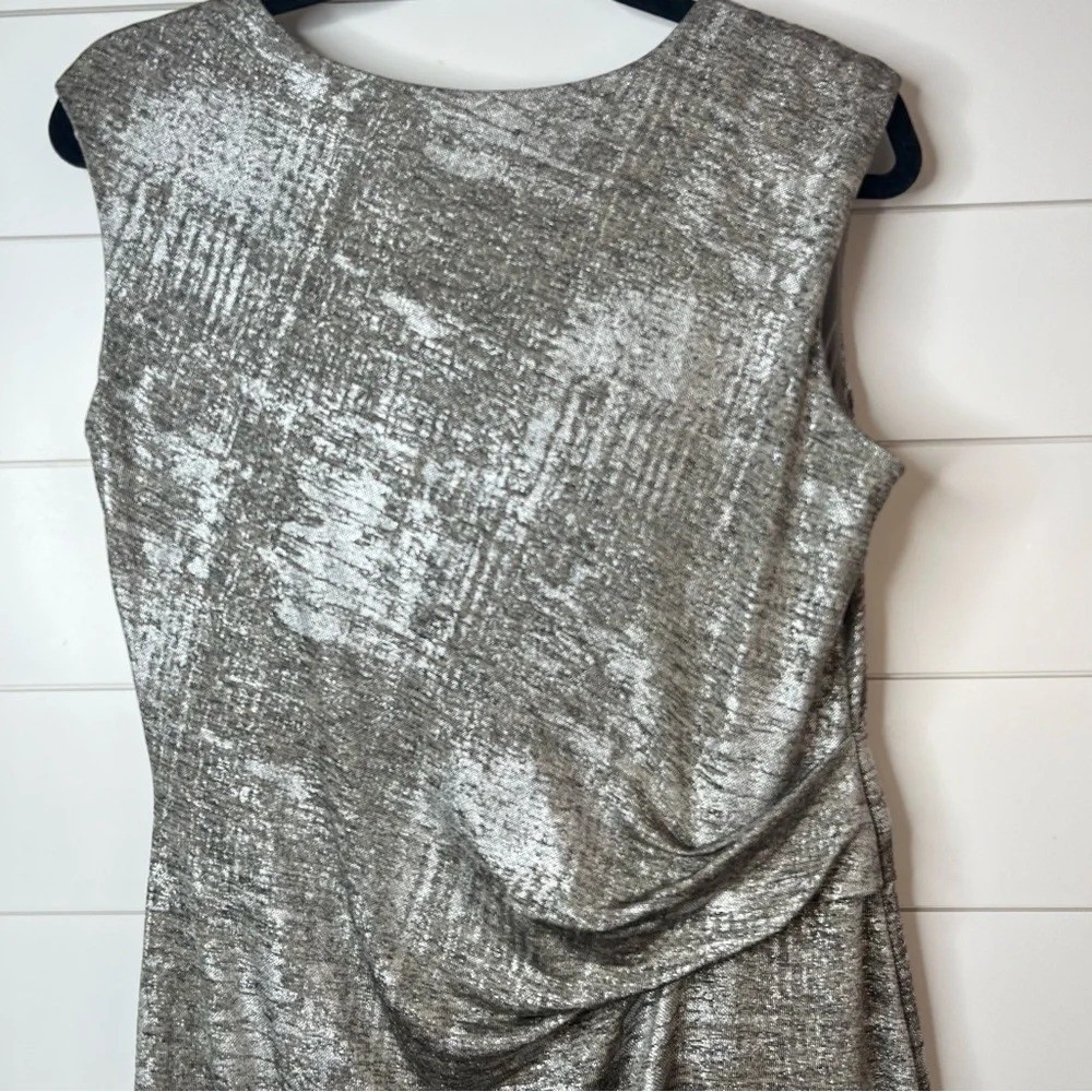 Scarlett Shimmery Silver Cinched Waist Drape Neck Fully Lined Dress. Size 12.