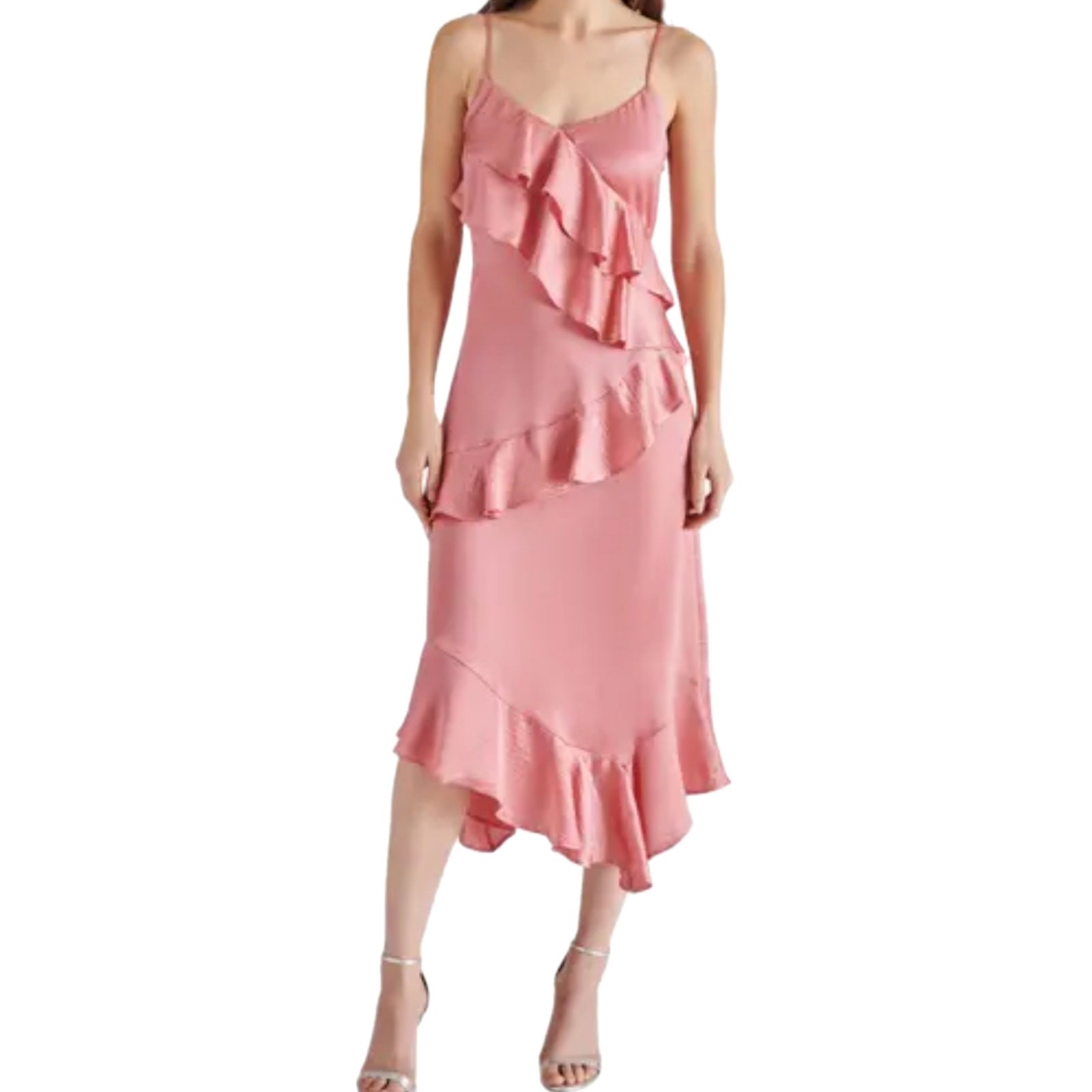 Steve Madden Christina Pink Mauve Rose Ruffle Satin Midi Dress Large NWT