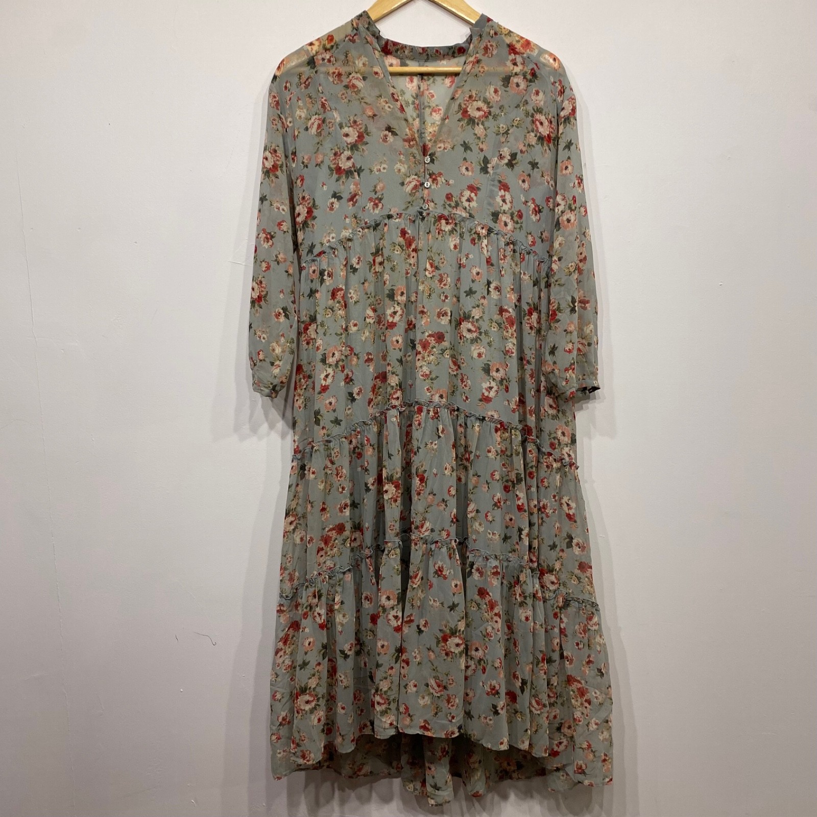 Zara Green Floral Long Sleeve Sheer Cottagecore Maxi Dress with Slip Small
