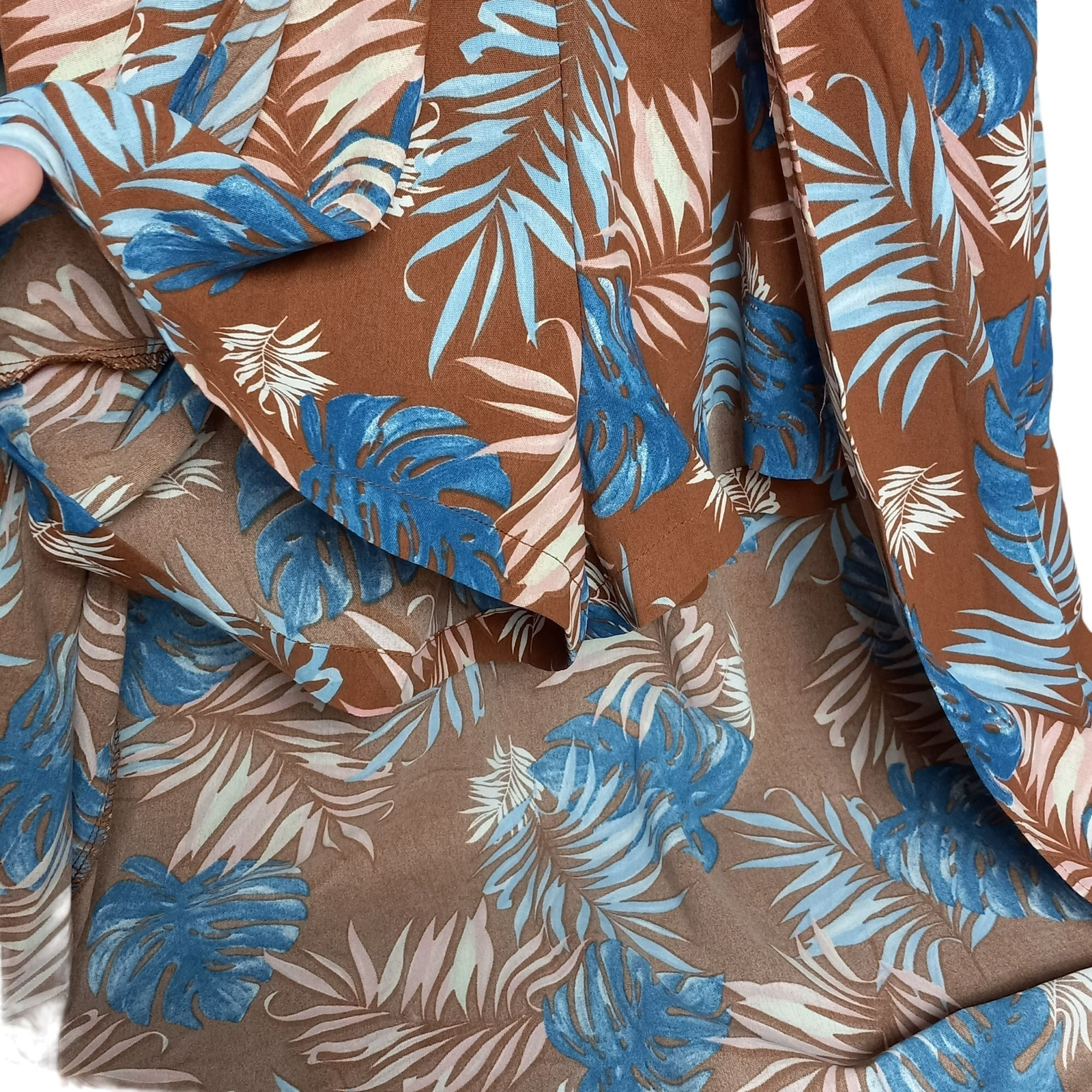 BluHeaven Mini Maxi Dress Women Small Tropical Beachy Boho V Neck Brown Blue NWT